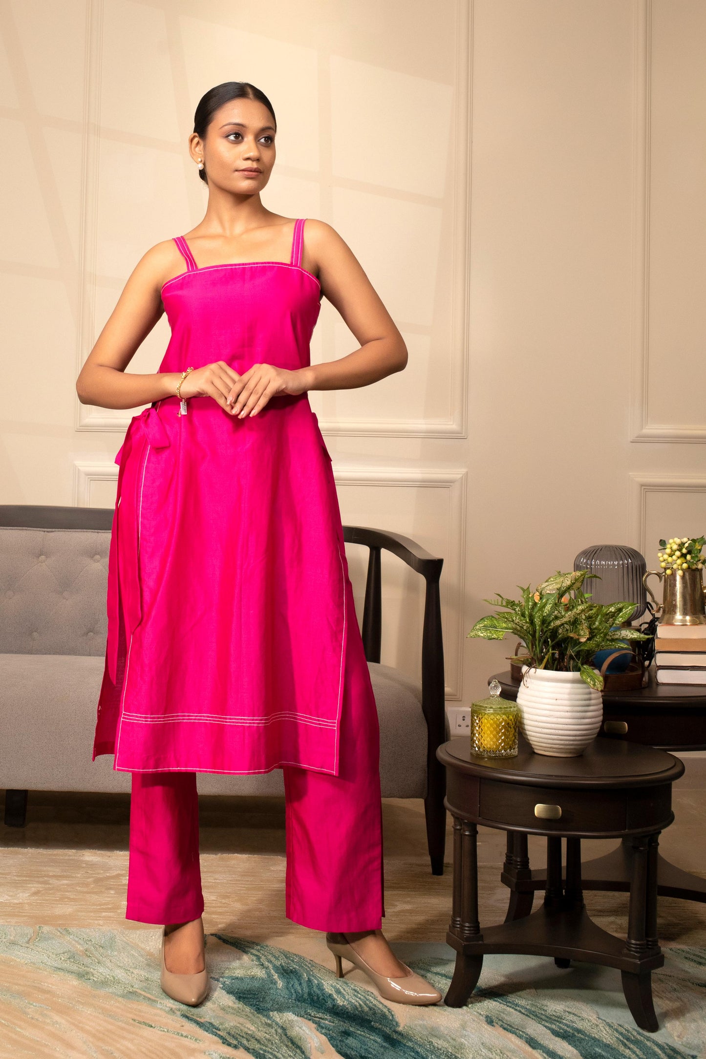 PINK STRAPPY KURTA SET