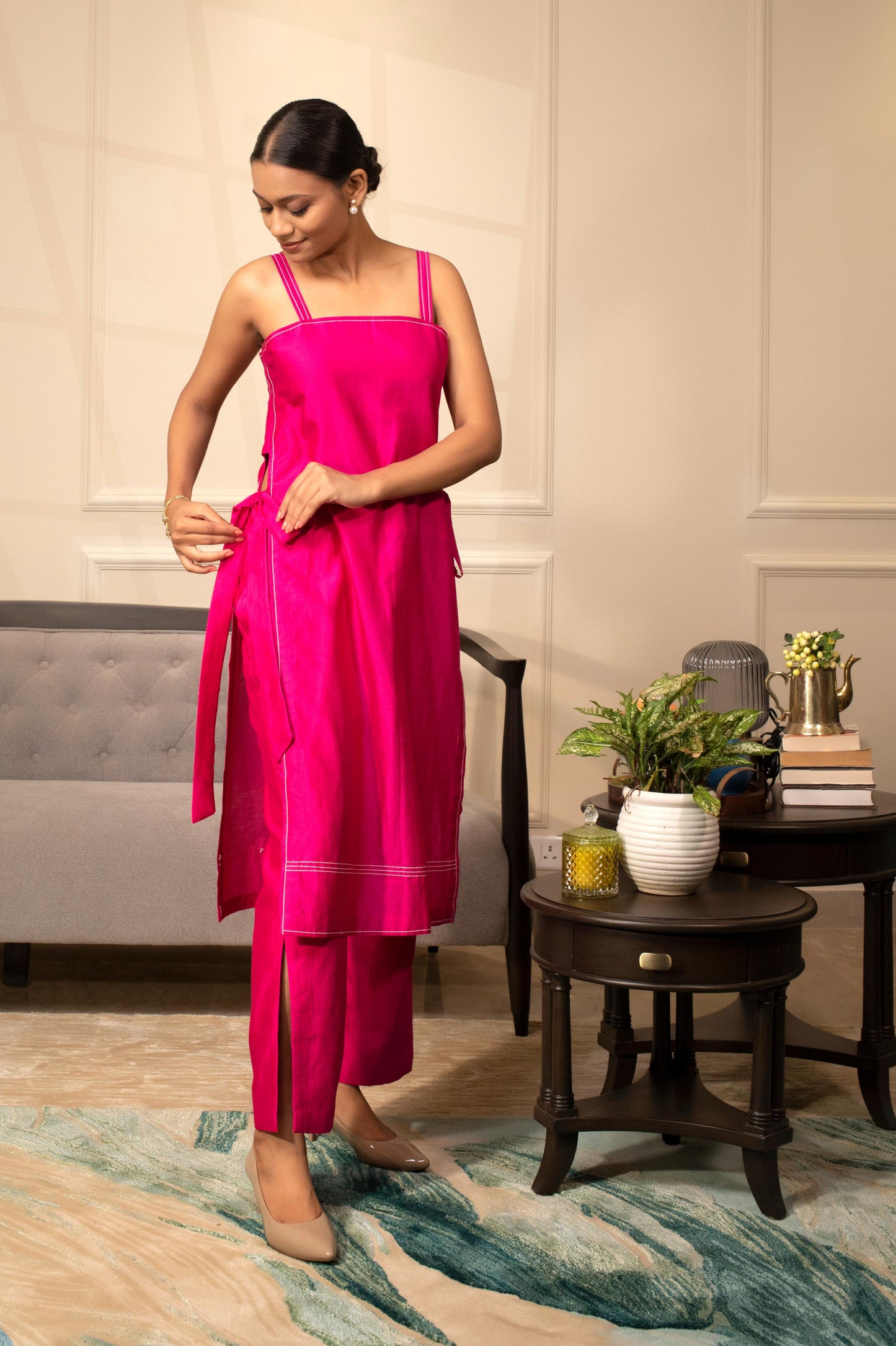 PINK STRAPPY KURTA SET