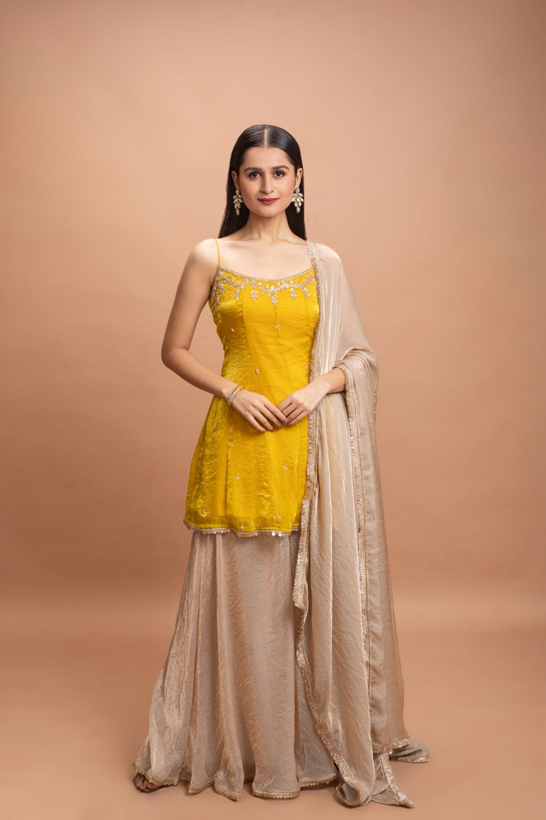 YELLOW & BEIGE FLARED PANT SET