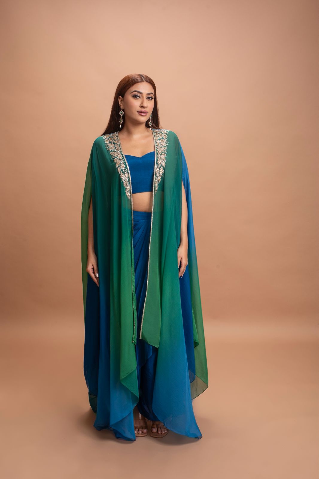 BLUE GREEN SHADED SKIRT SET