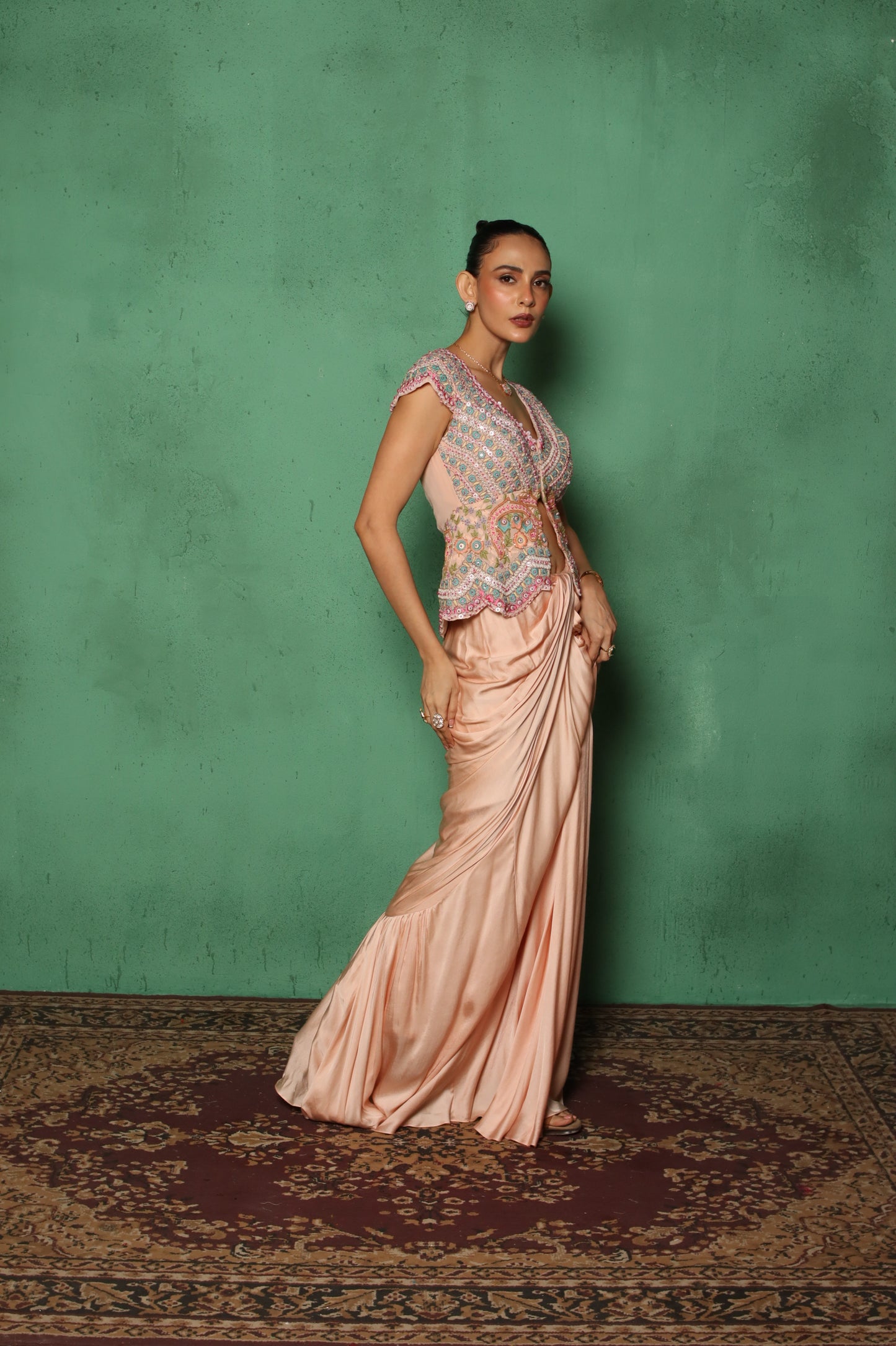 PEACH BEADED DRAPE JACKET SET