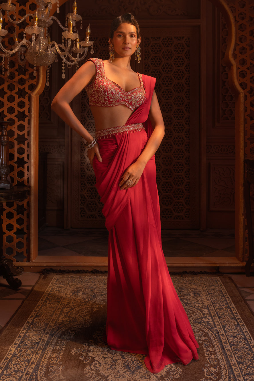 RED DRAPE SAREE