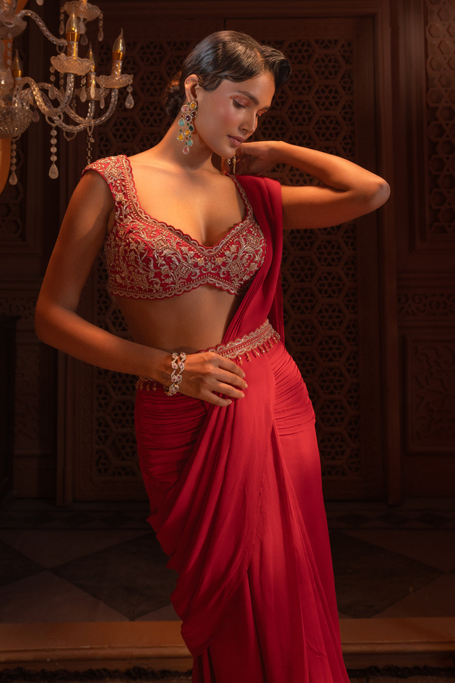 RED DRAPE SAREE