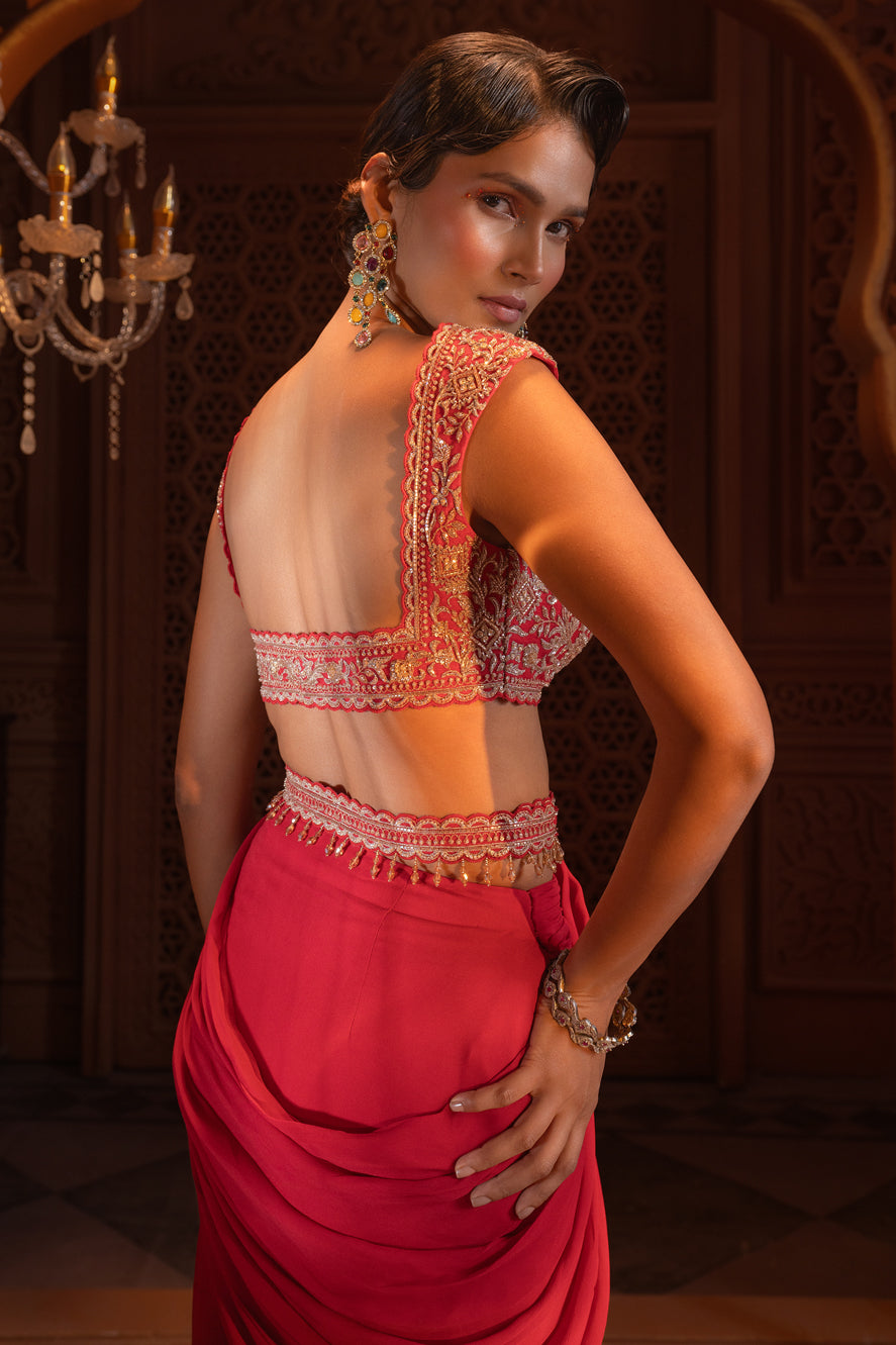 RED DRAPE SAREE