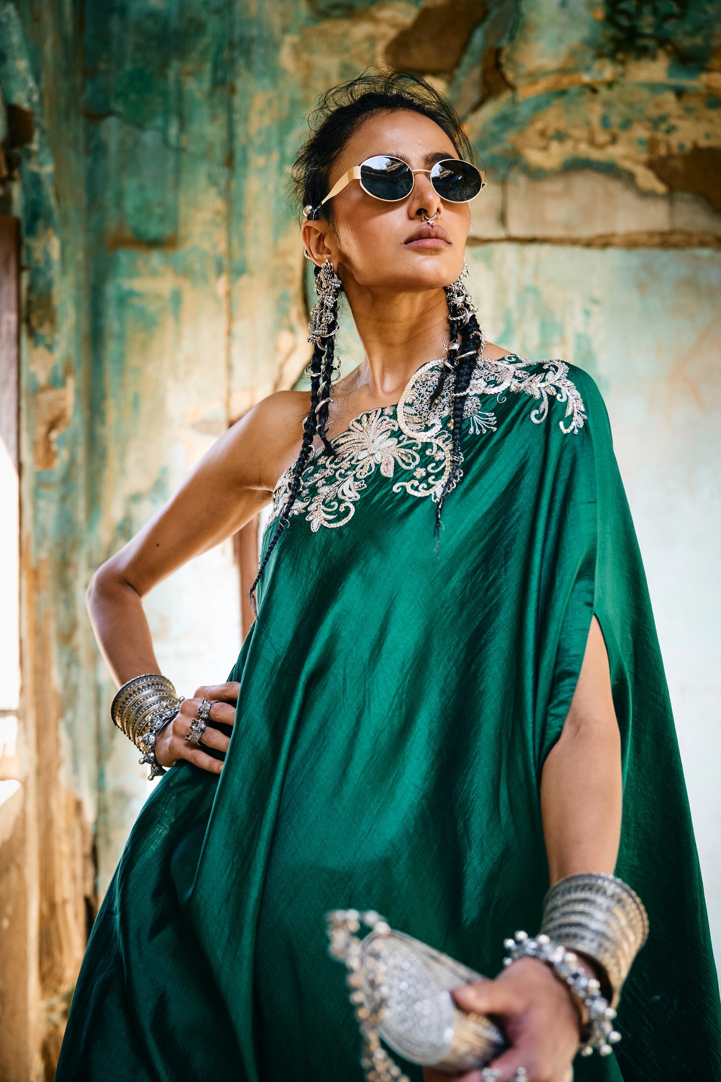 EMBROIDERED OFF SHOULDER CAPE WITH WRAP SKIRT