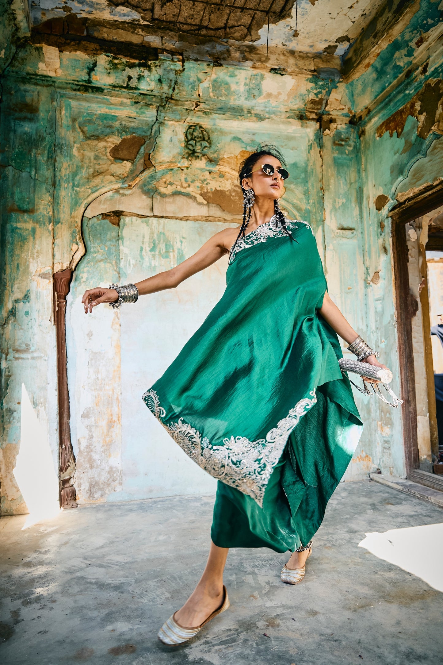 EMBROIDERED OFF SHOULDER CAPE WITH WRAP SKIRT