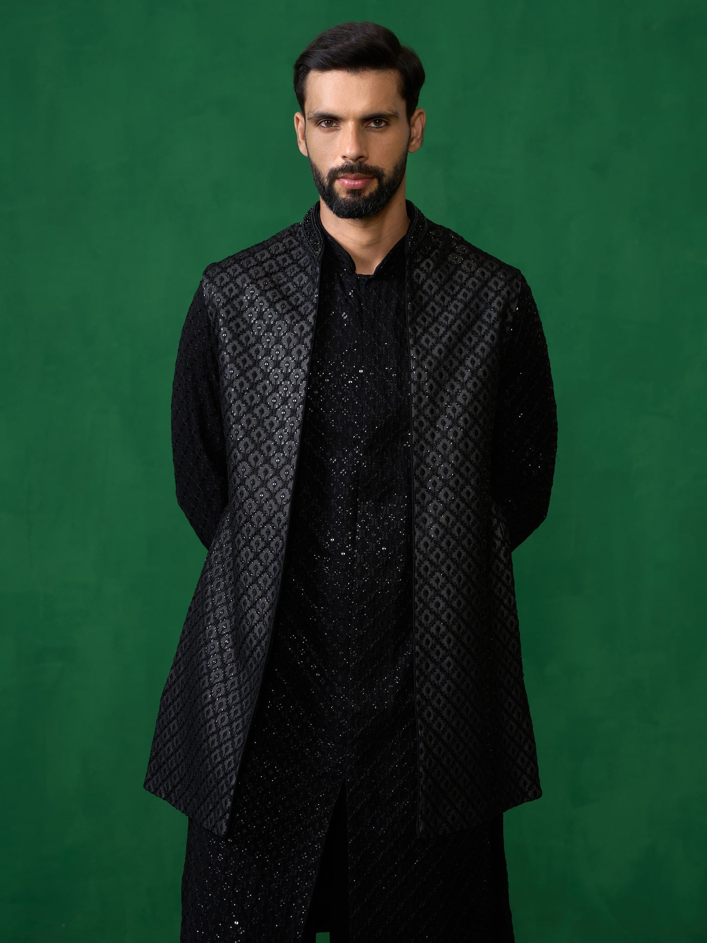 EMBROIDERED BLACK KURTA JACKET SET