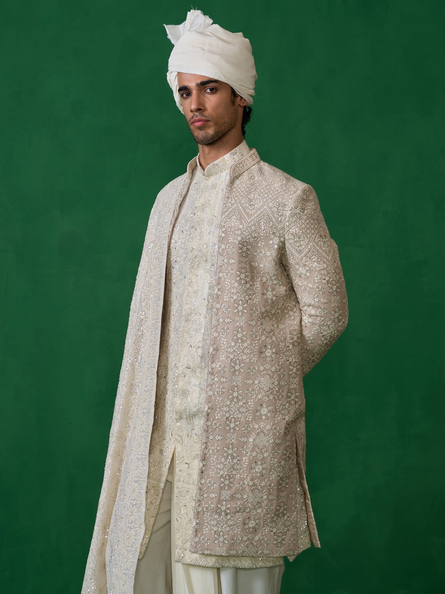 FLORAL BEIGE SHERWANI SET