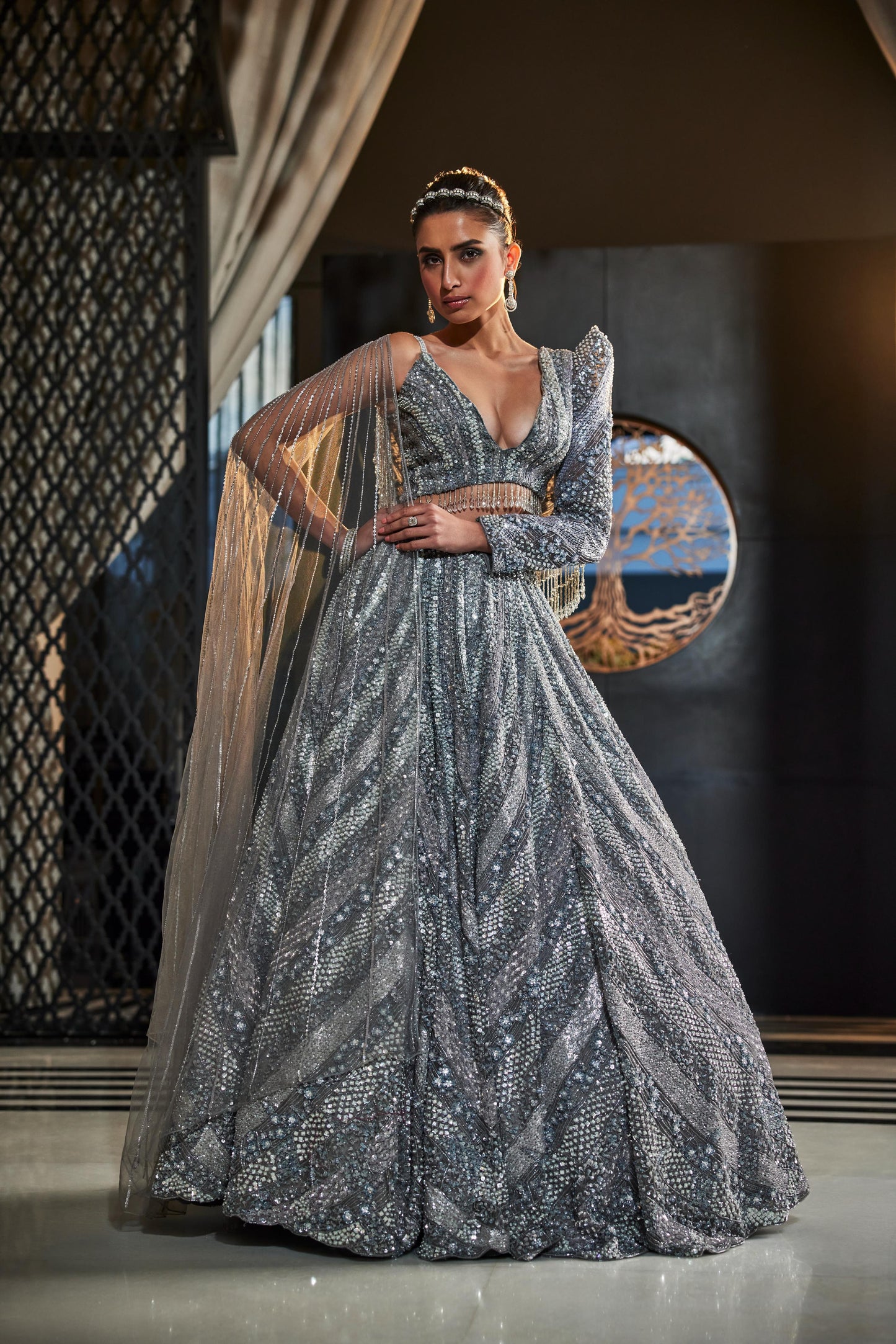 GREY EMBROIDERED ORGANZA LEHENGA SET