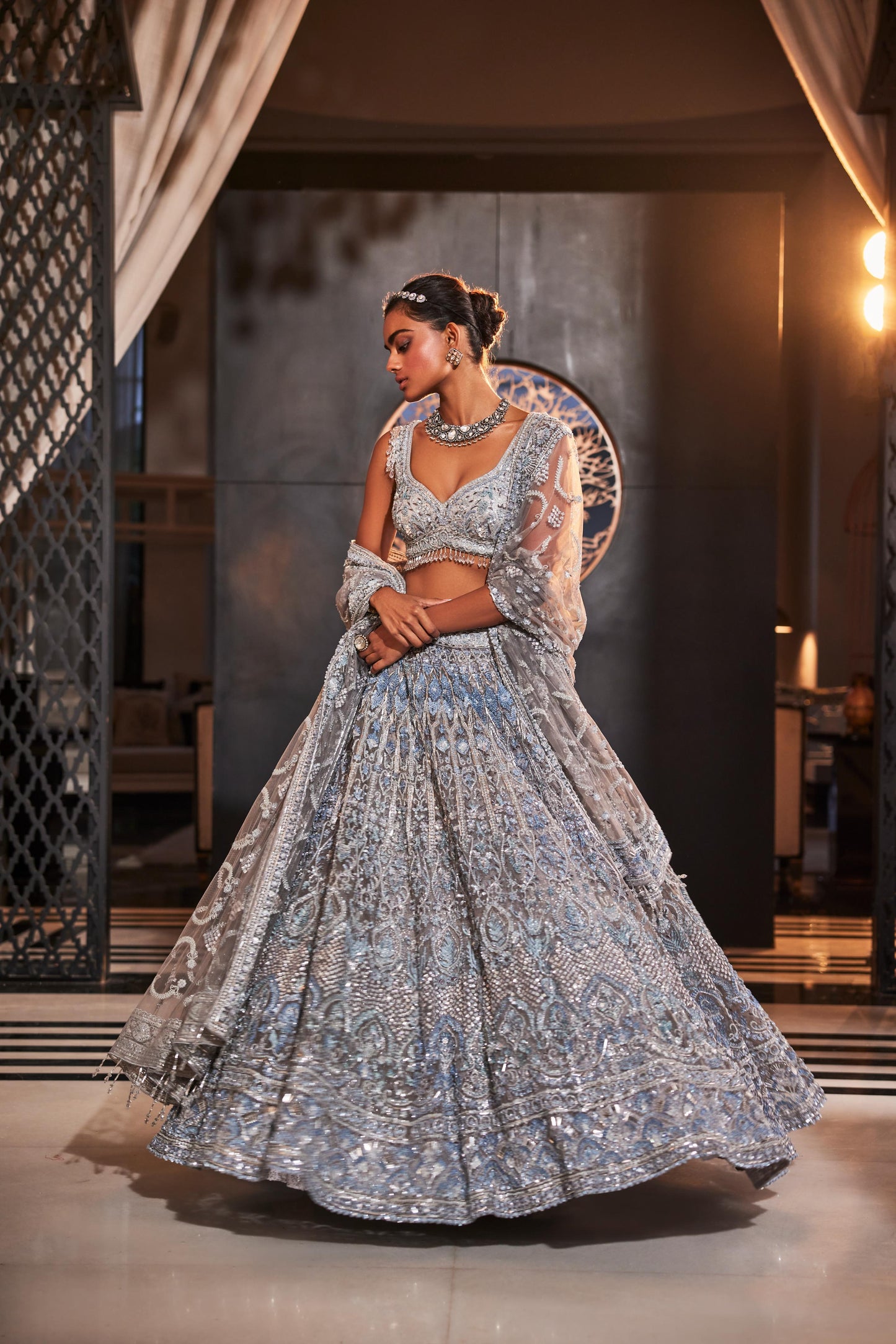 ICEBLUE EMBROIDERED ORGANZA LEHENGA SET