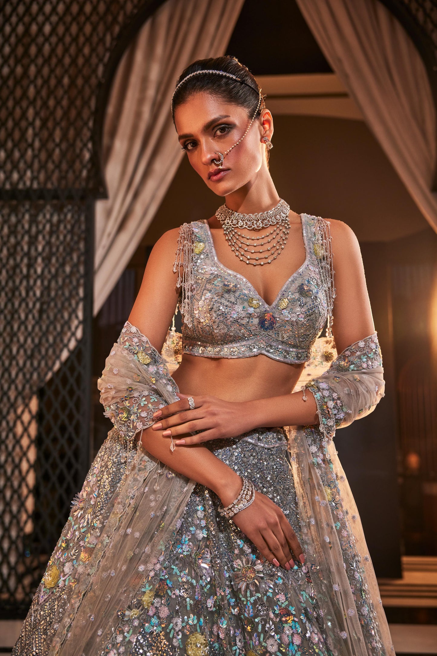 GREY EMBROIDERED ORGANZA LEHENGA SET