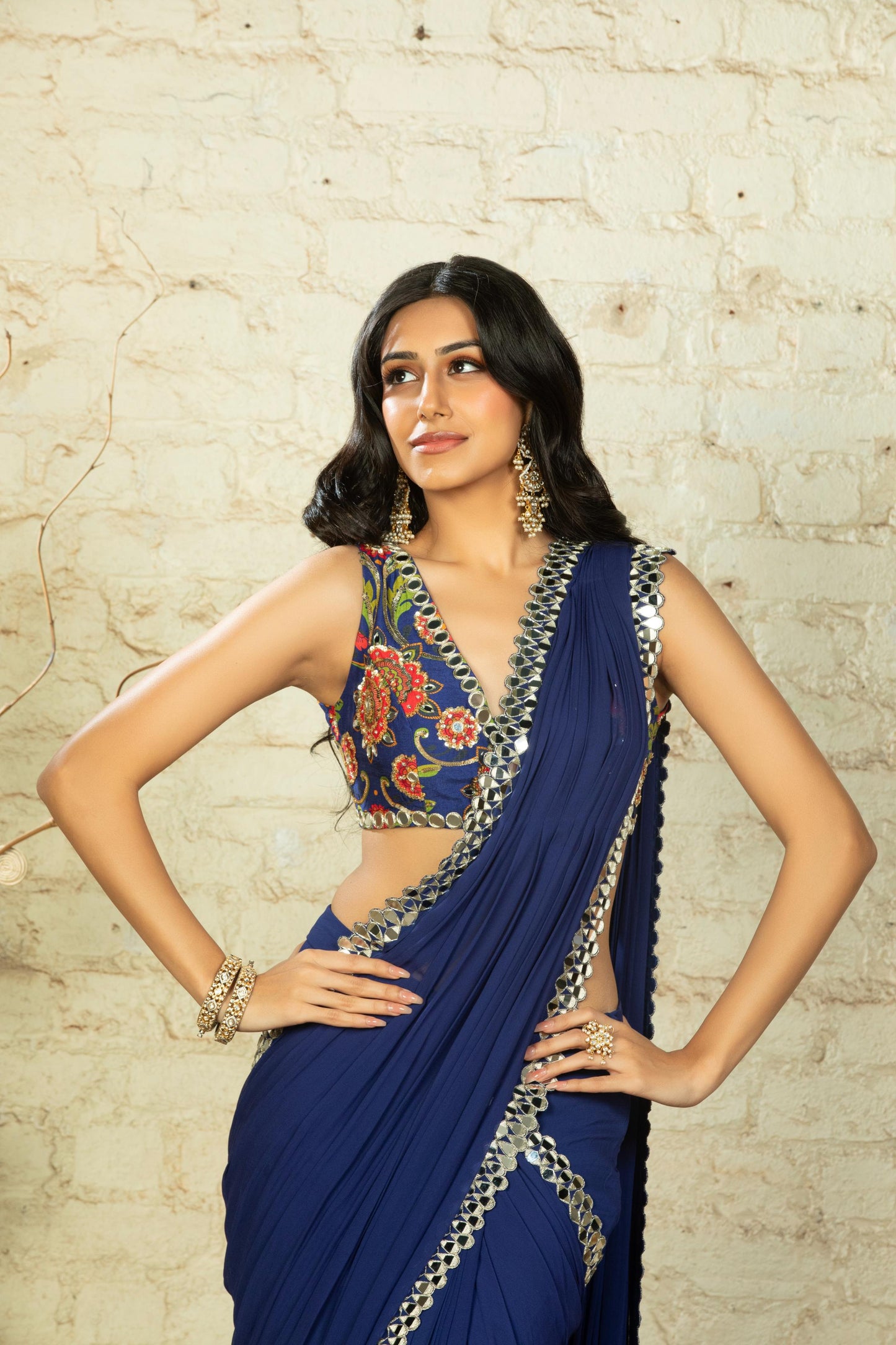 LISA BLUE PRE-STITCHED SAREE & BLOUSE