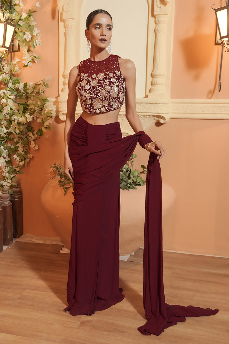 MAROON DRAPE SAREE