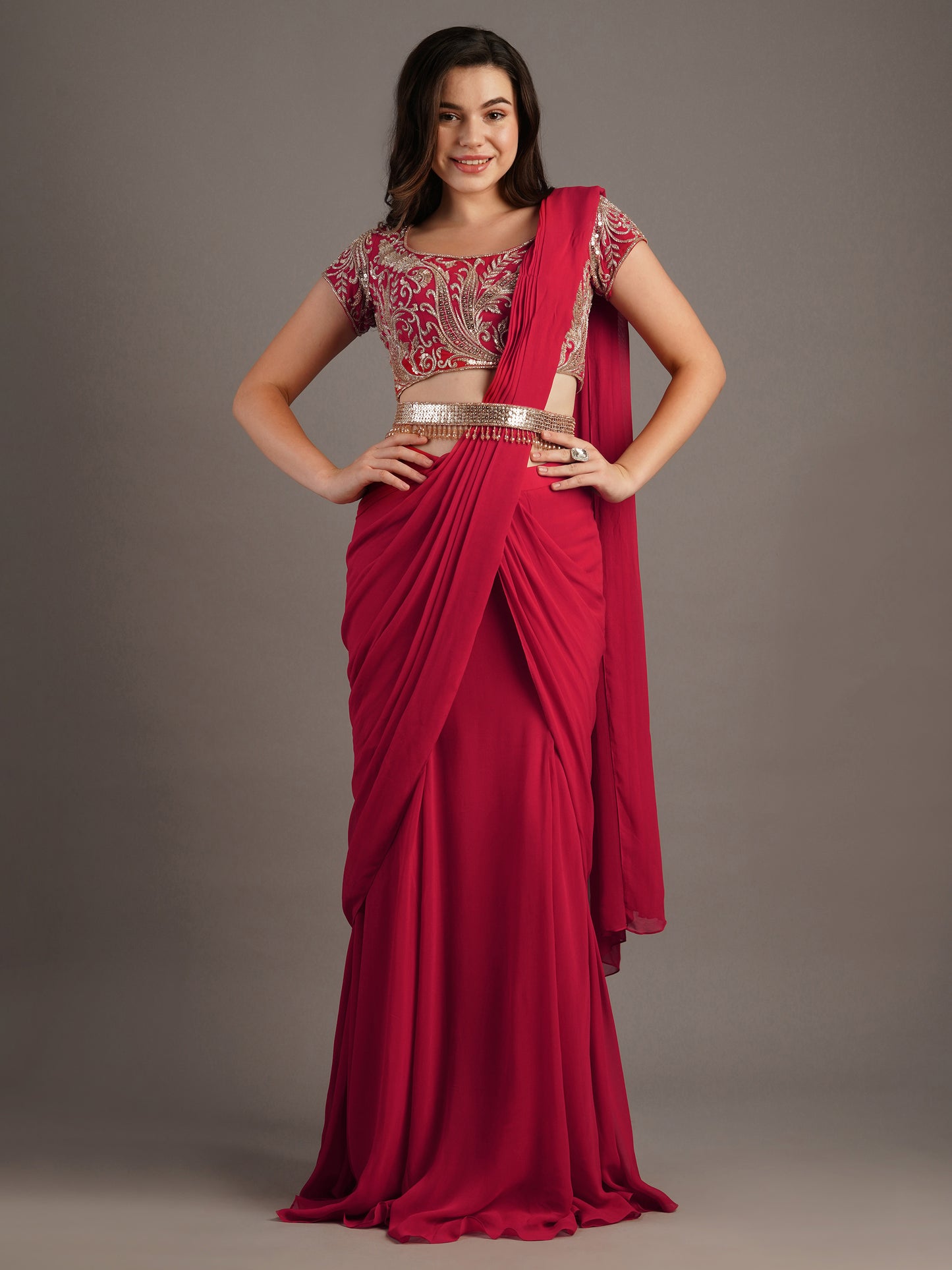 RED DRAPED SAREE