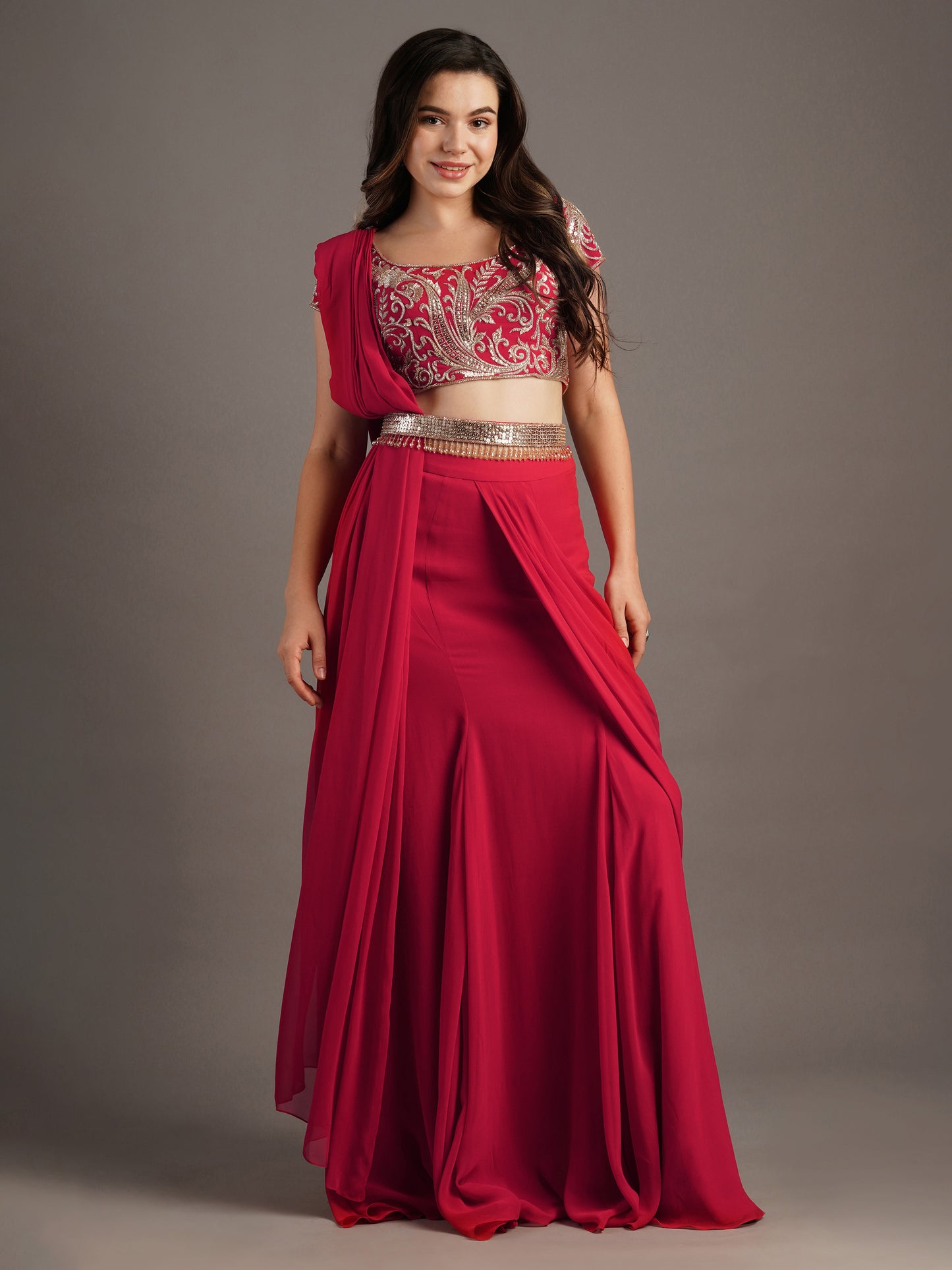 RED DRAPED SAREE