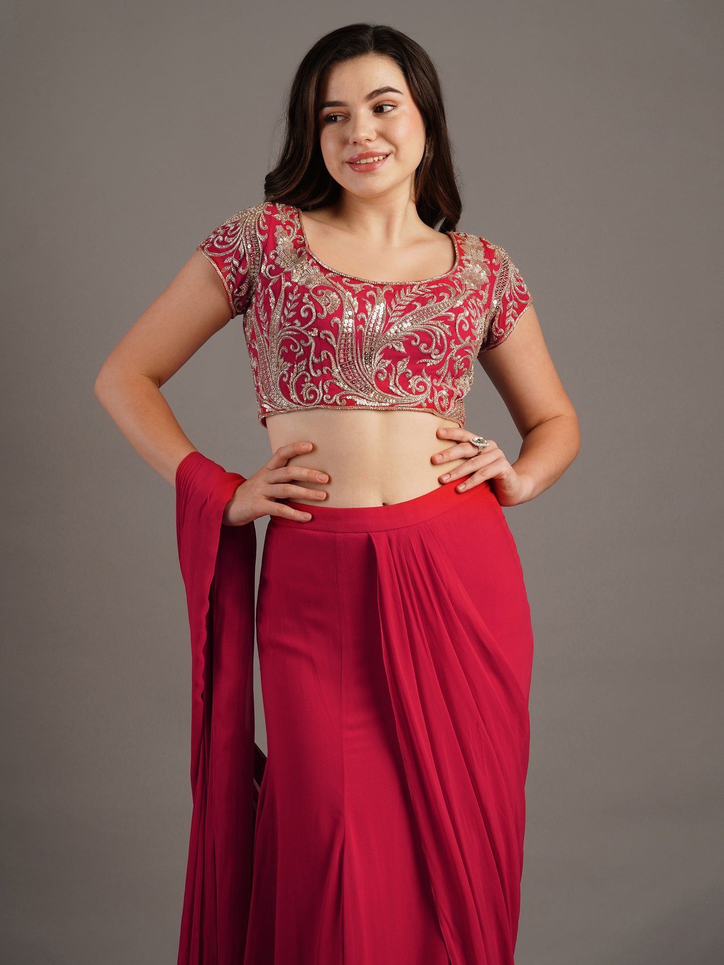 RED DRAPED SAREE