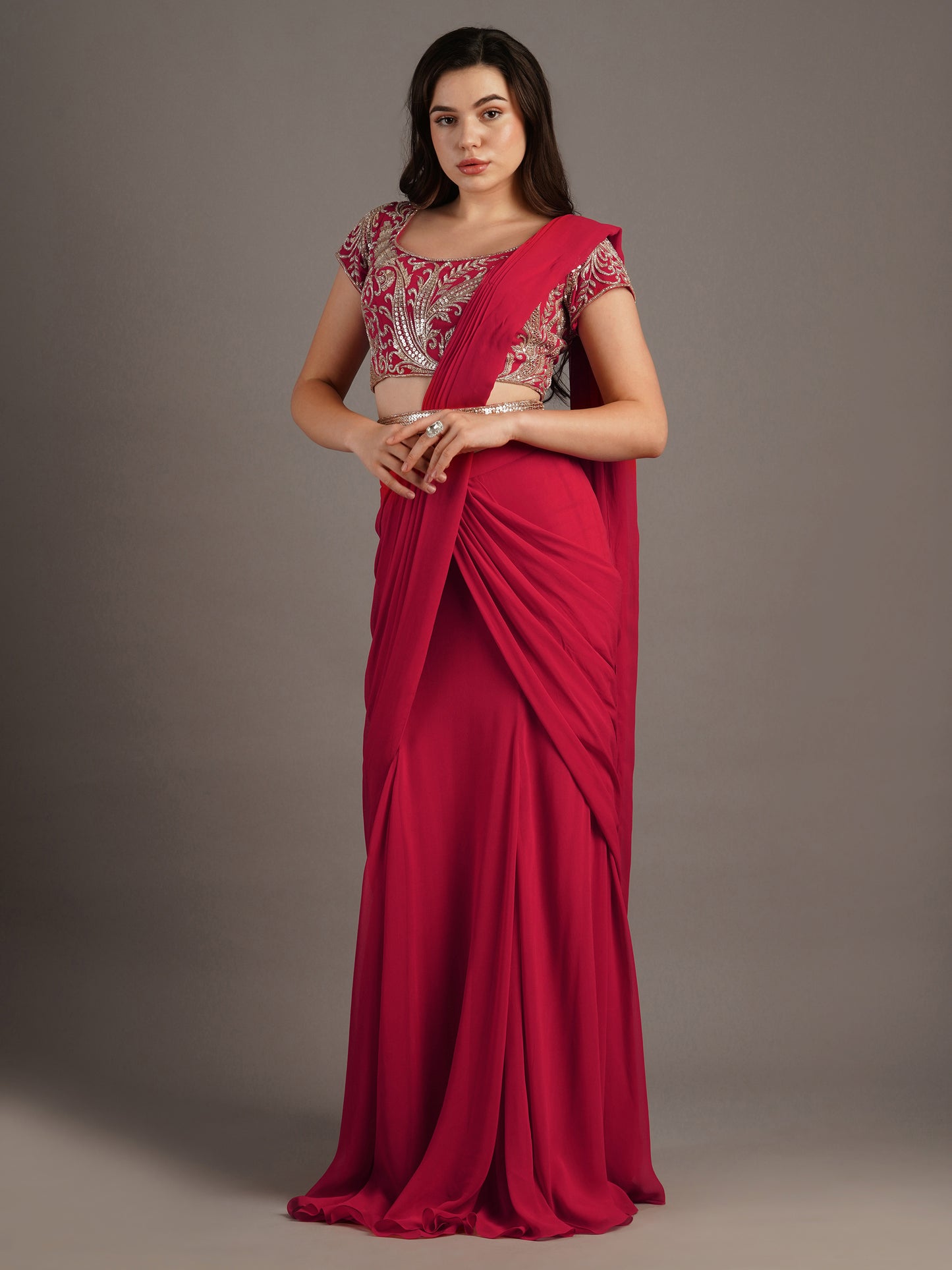 RED DRAPED SAREE