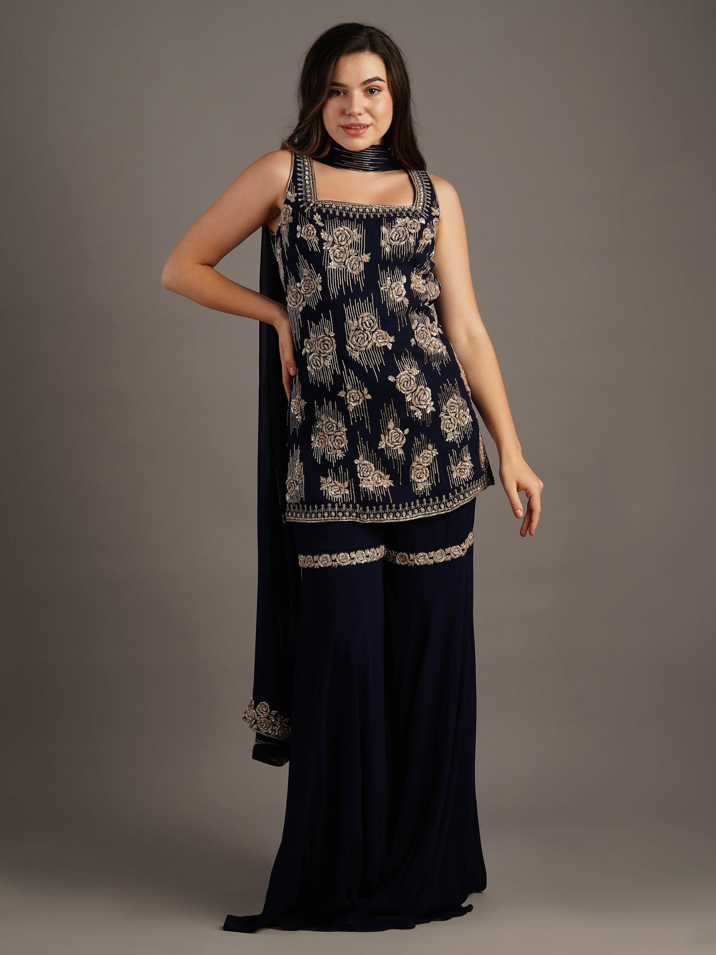 NAVY SHARARA SET