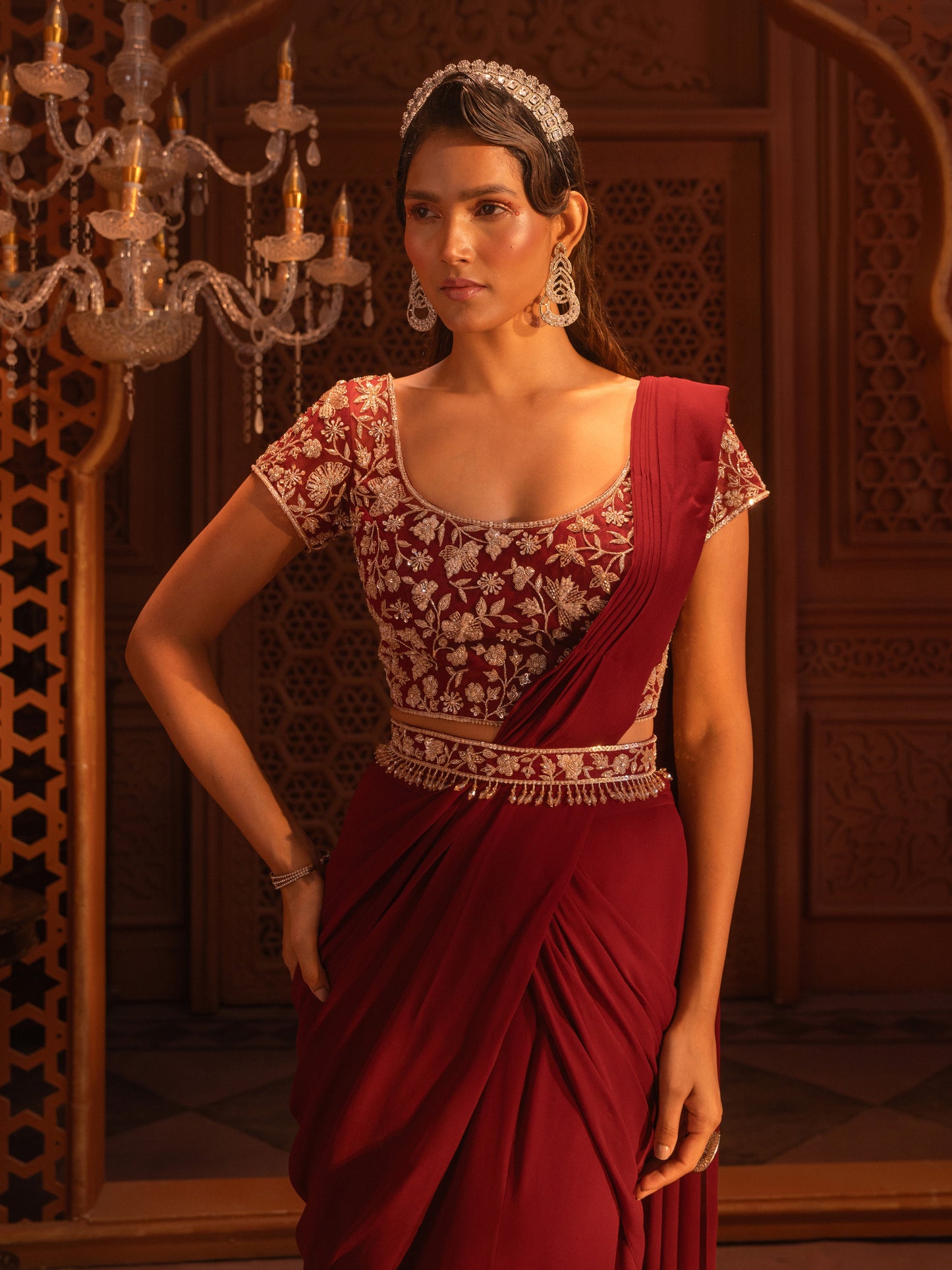 MAROON DRAPE SAREE