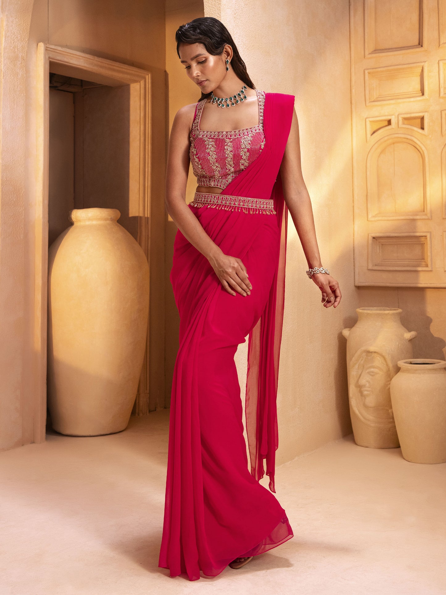 FUCHSIA PINK DRAPE SAREE