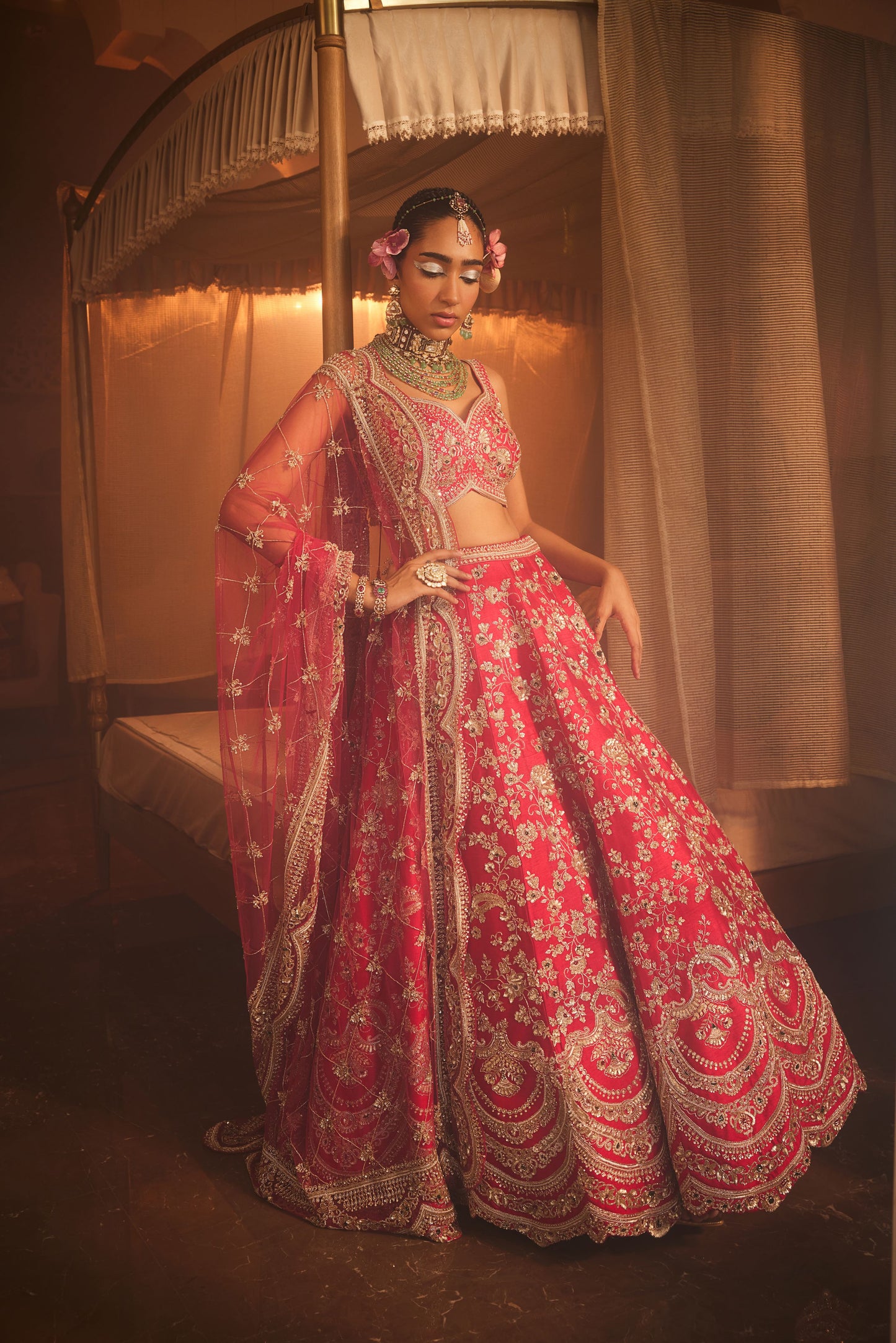 MAGNUM CHERRY RED HEAVILY EMBROIDERED LEHENGA