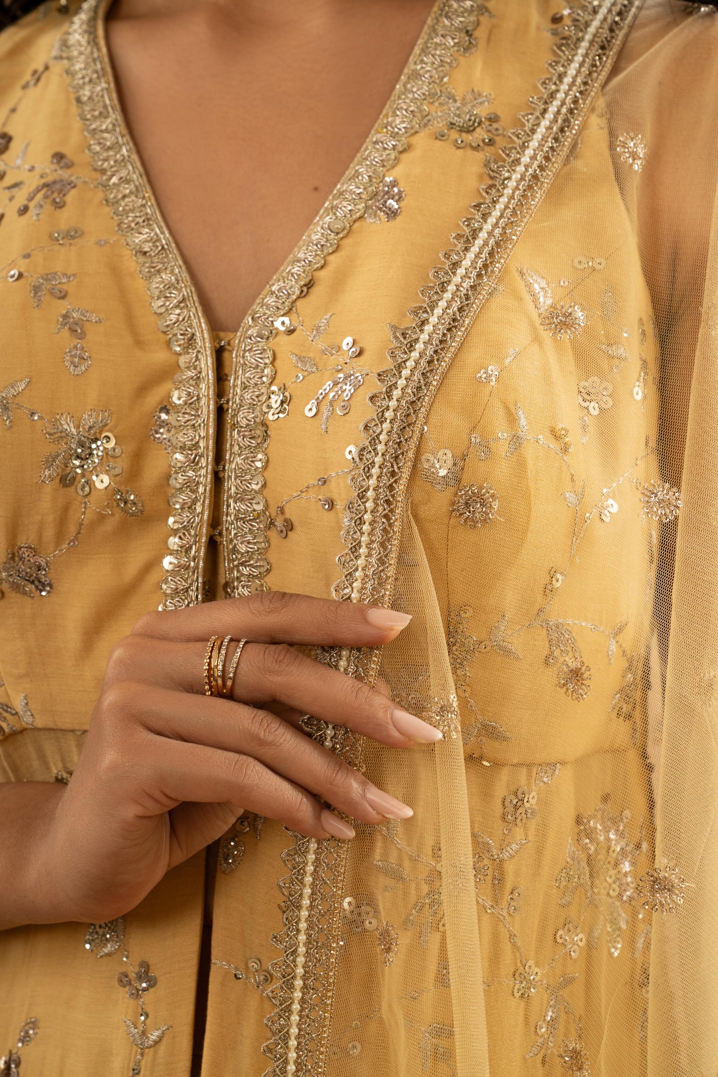 LIGHT OCHRE YELLOW EMBROIDERED LONG KURTI LEHNGA SET ( SET OF 3)