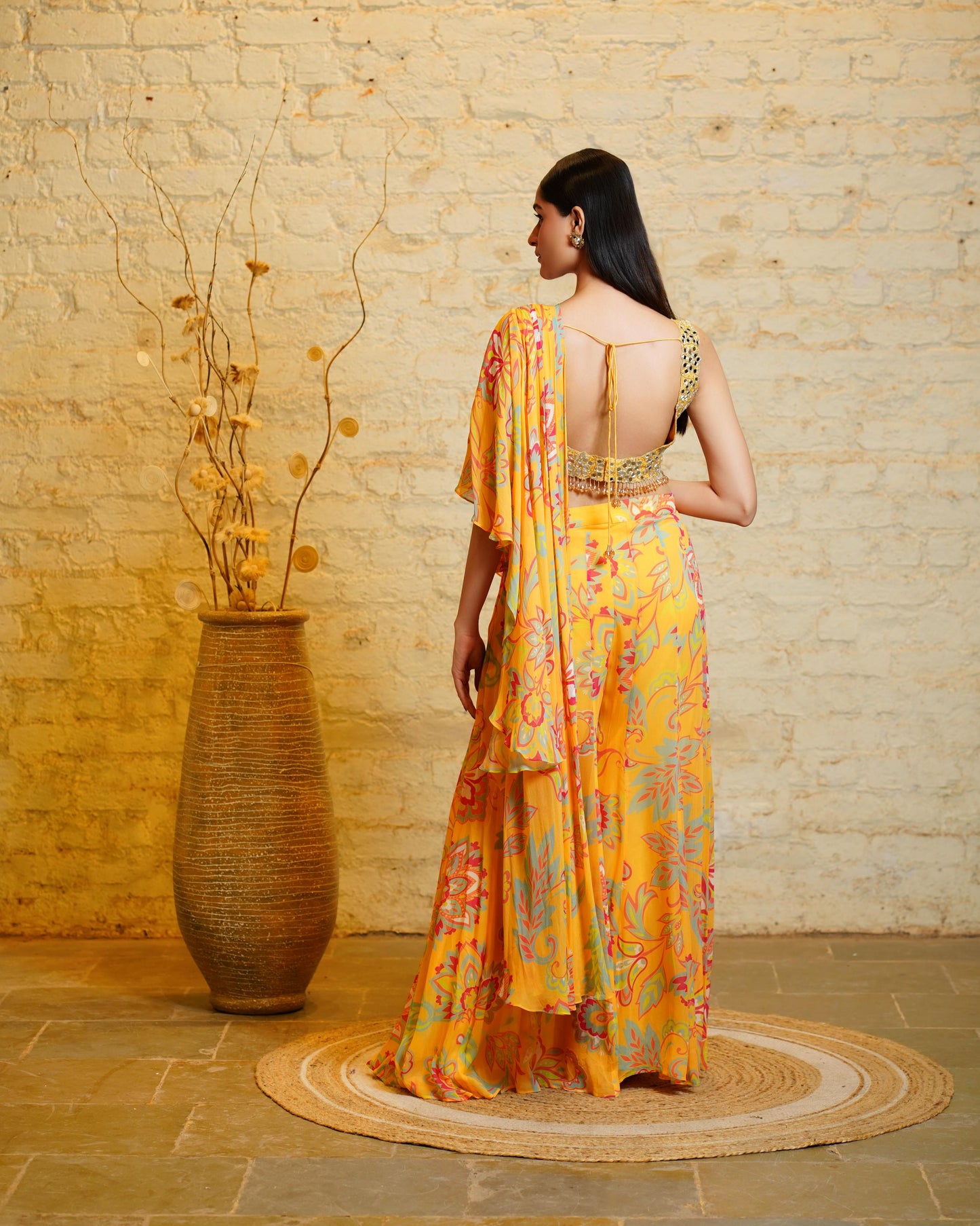 MEGAN YELLOW PRE-STITCHED PALAZZO SAREE & BLOUSE