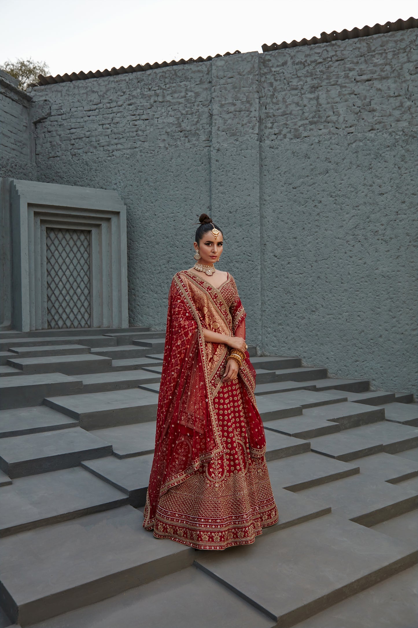 BARN RED DABKA EMBROIDERED LEHENGA SET