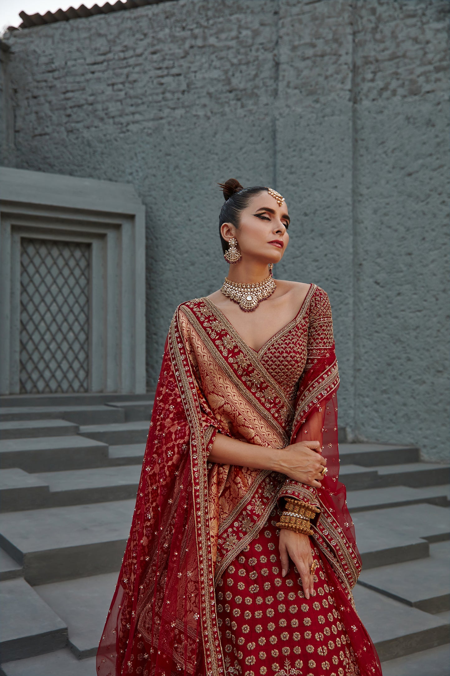 BARN RED DABKA EMBROIDERED LEHENGA SET