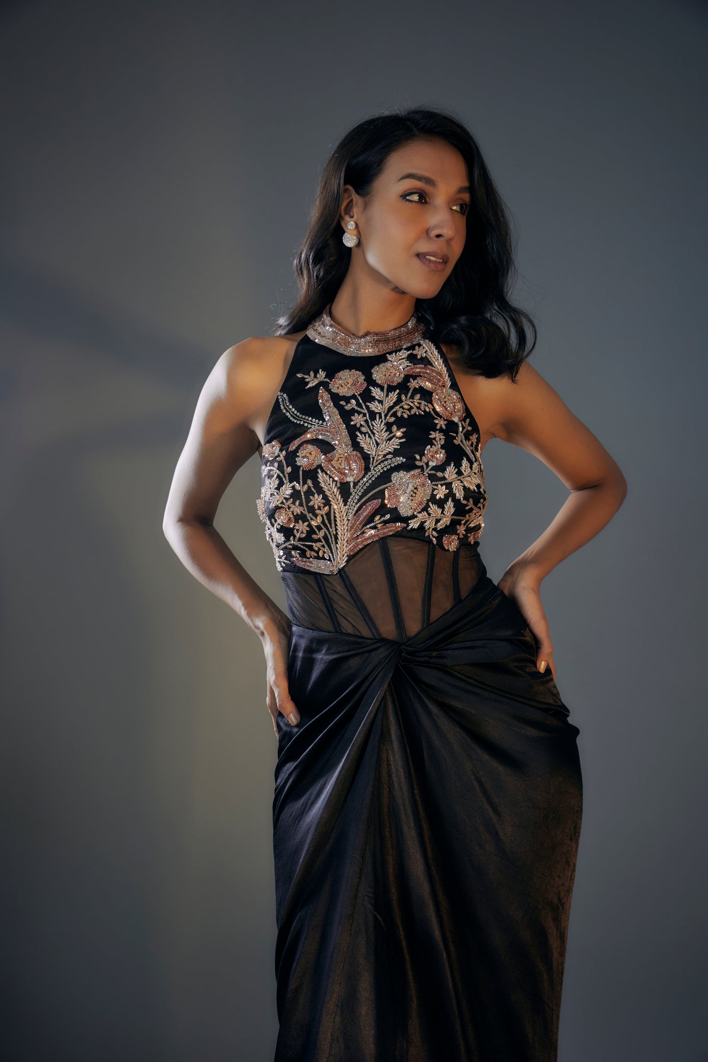 BLACK EMBROIDERED CORSET GOWN