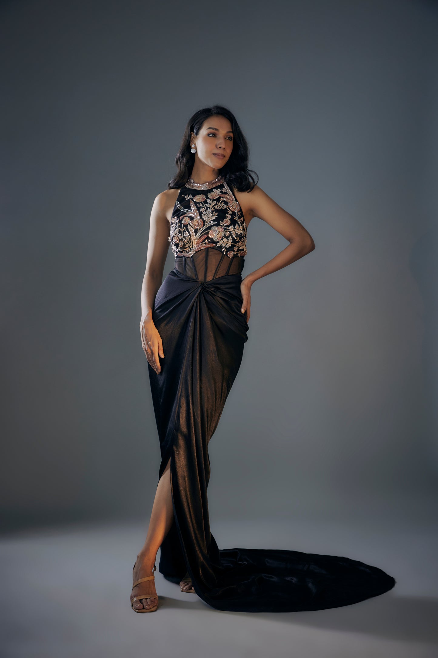 BLACK EMBROIDERED CORSET GOWN
