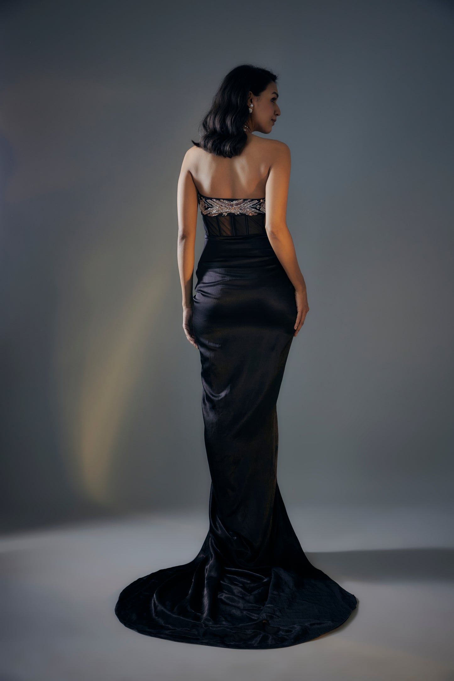 BLACK EMBROIDERED CORSET GOWN