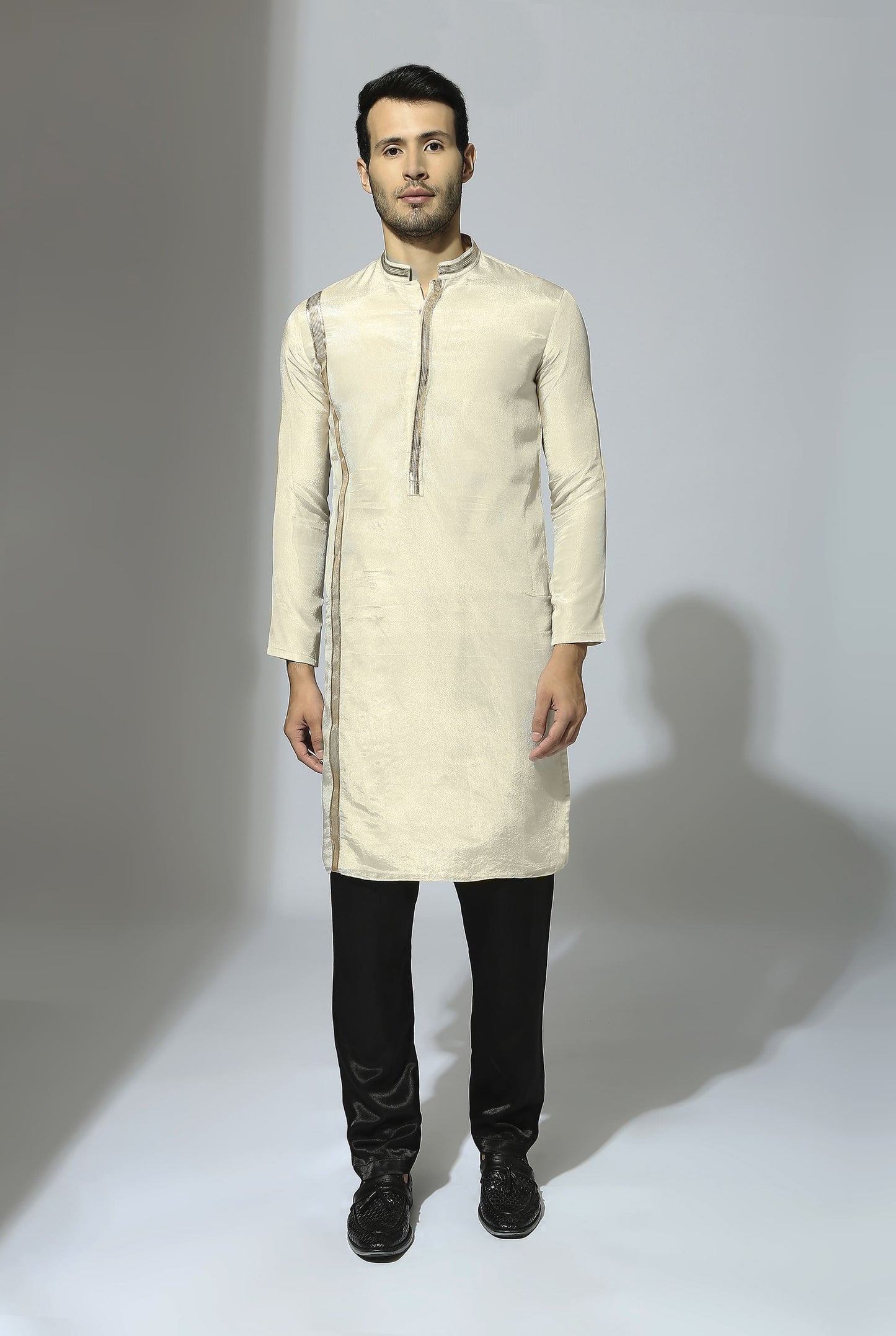 BEIGE AND BLACK EMBROIDERED KURTA SET