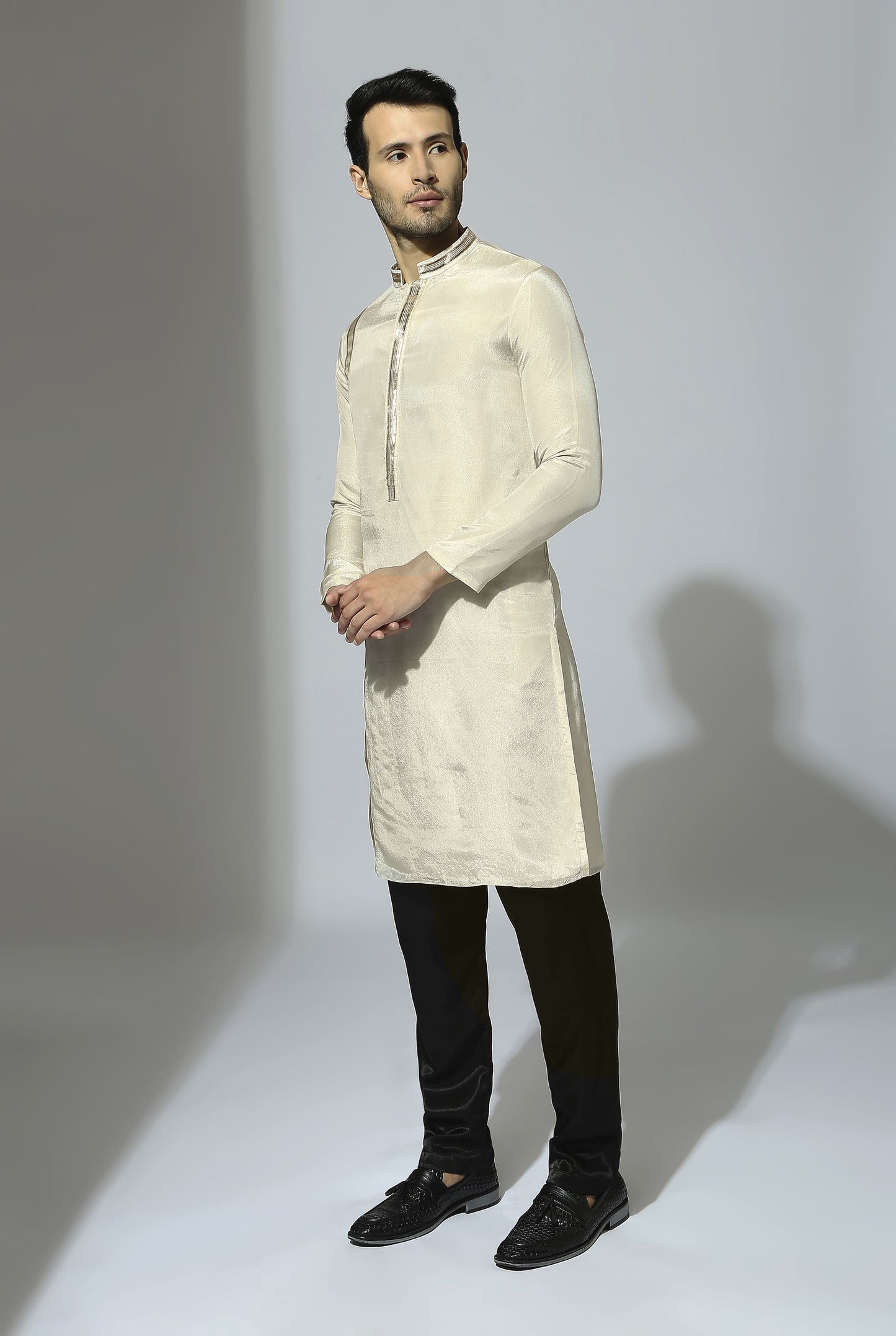 BEIGE AND BLACK EMBROIDERED KURTA SET