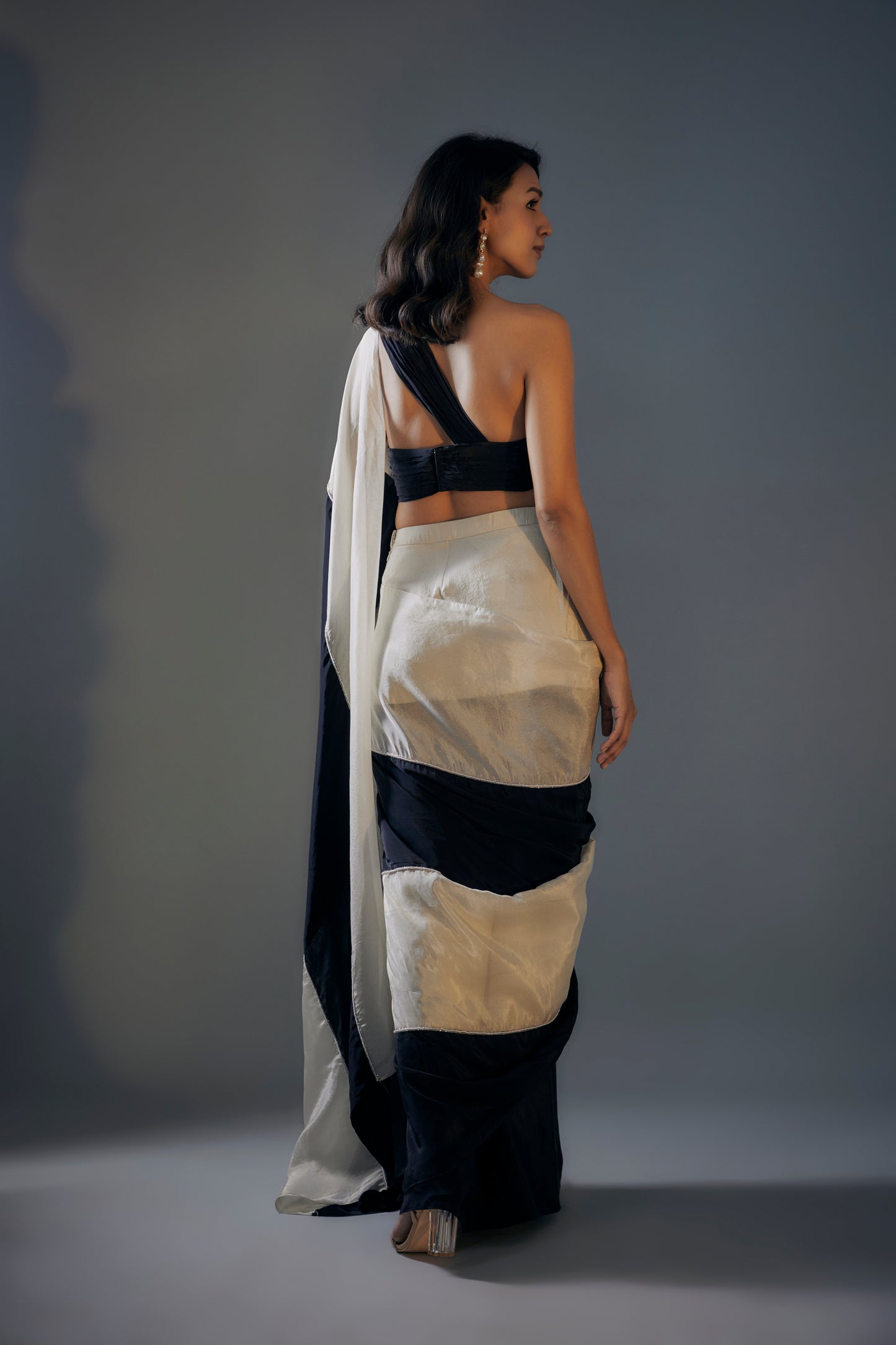 BLACK AND LIGHT GOLD SAREE SET