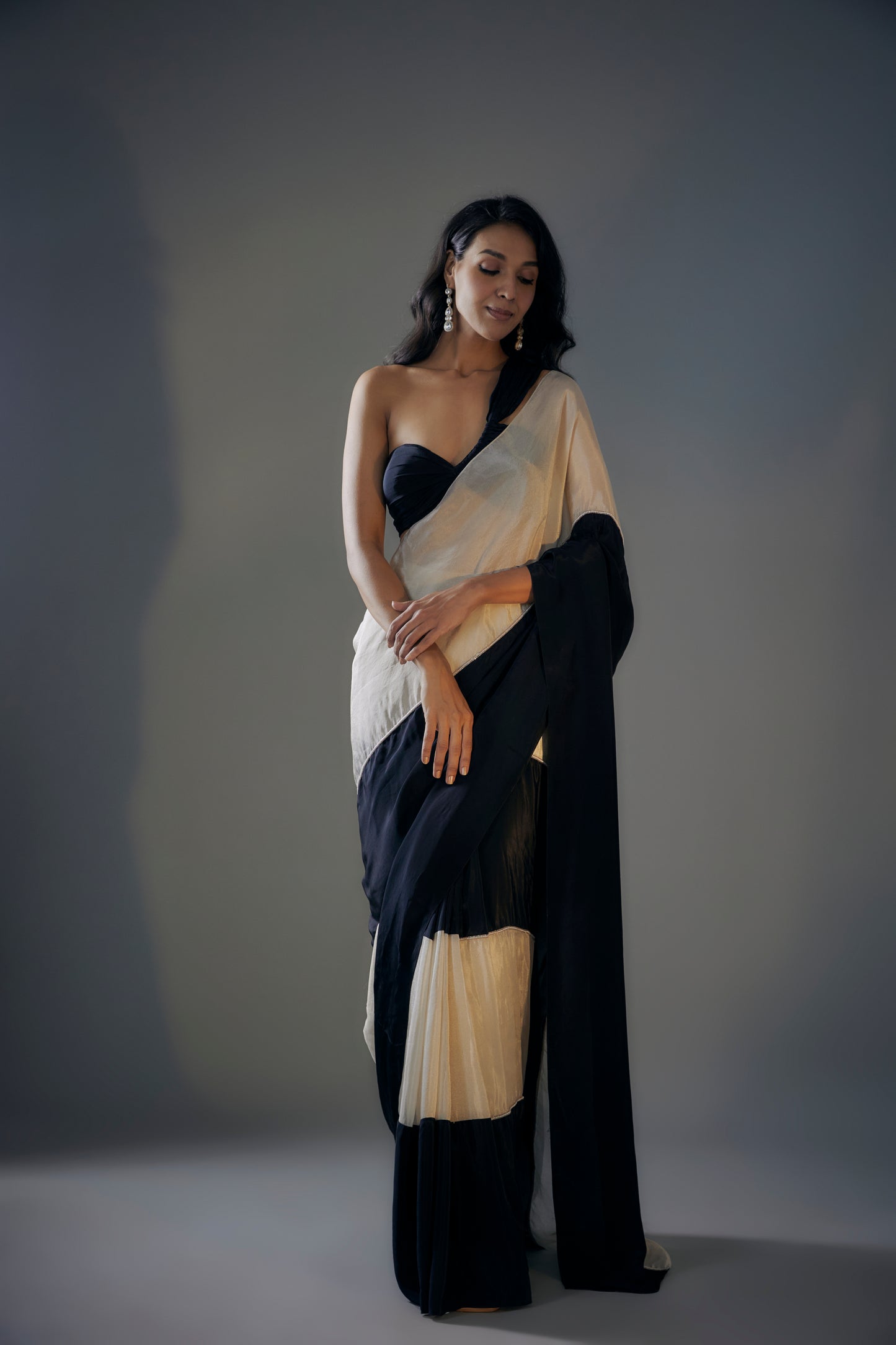 BLACK AND LIGHT GOLD SAREE SET