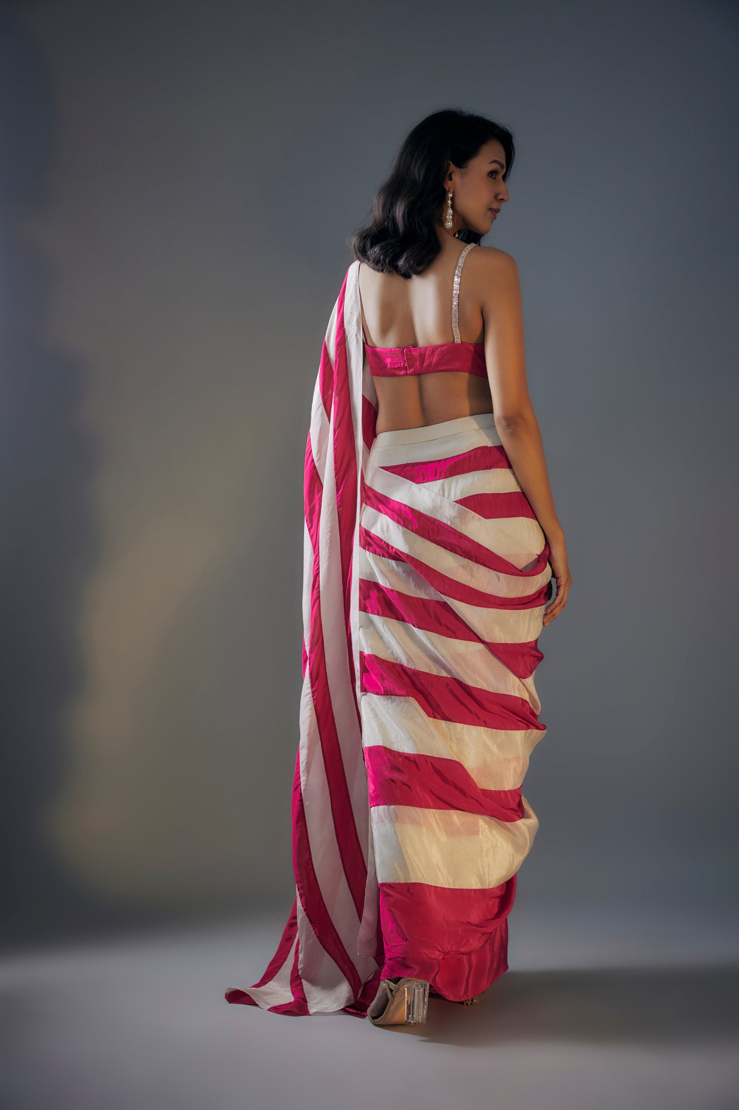 HOT PINK AND BEIGE SAREE SET