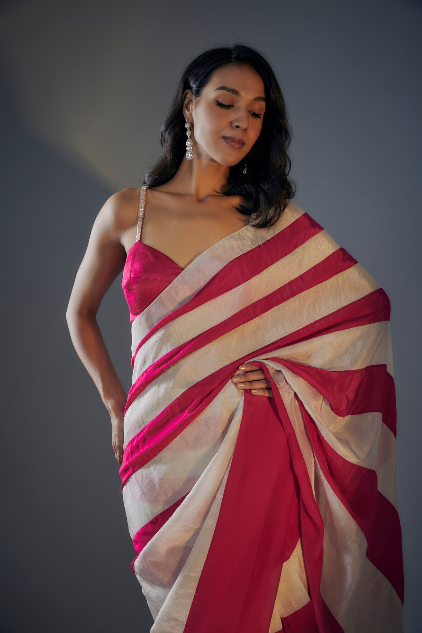 HOT PINK AND BEIGE SAREE SET