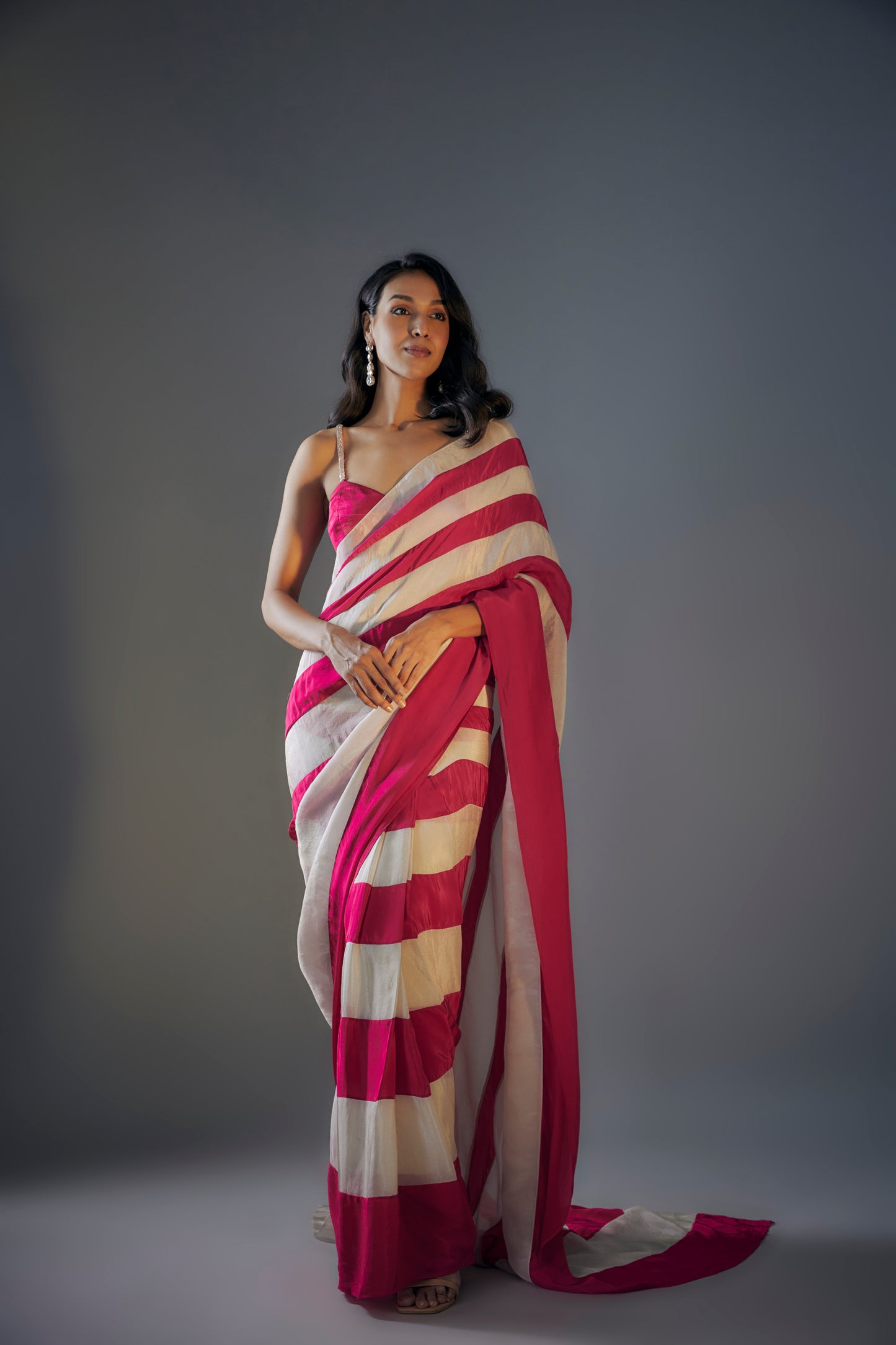 HOT PINK AND BEIGE SAREE SET