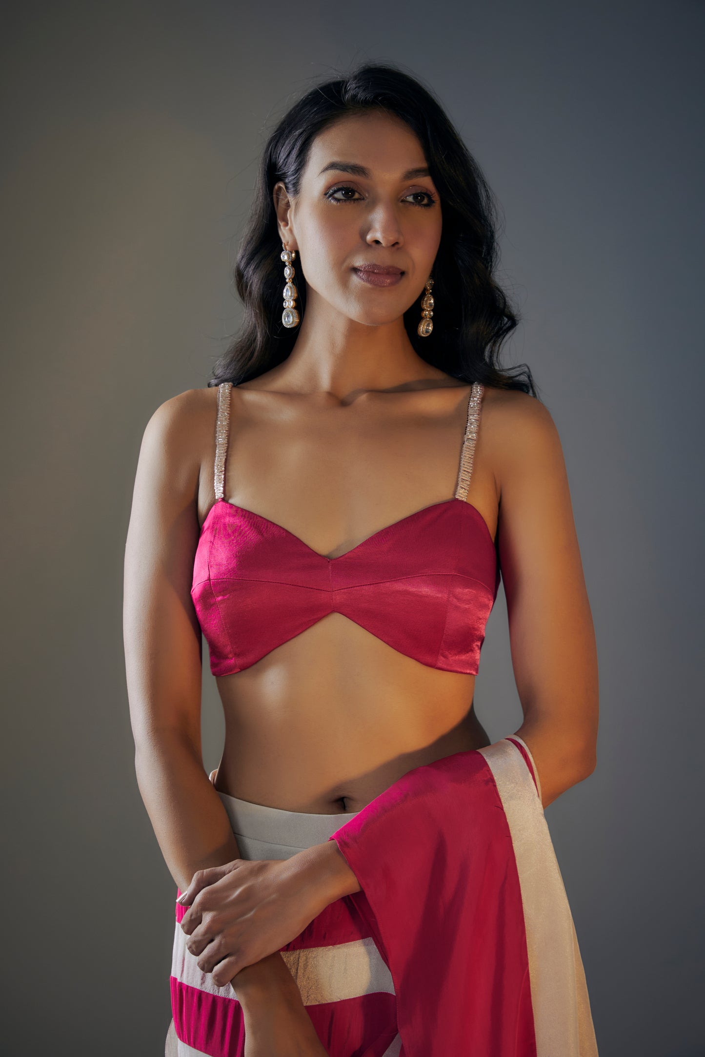 HOT PINK AND BEIGE SAREE SET