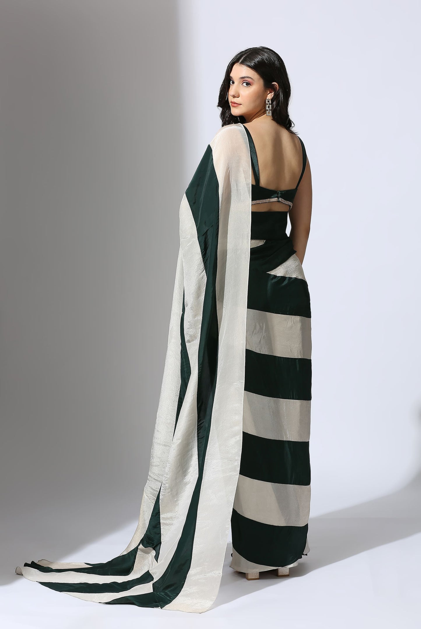 BOTTLE GREEN AND BEIGE SAREE SET