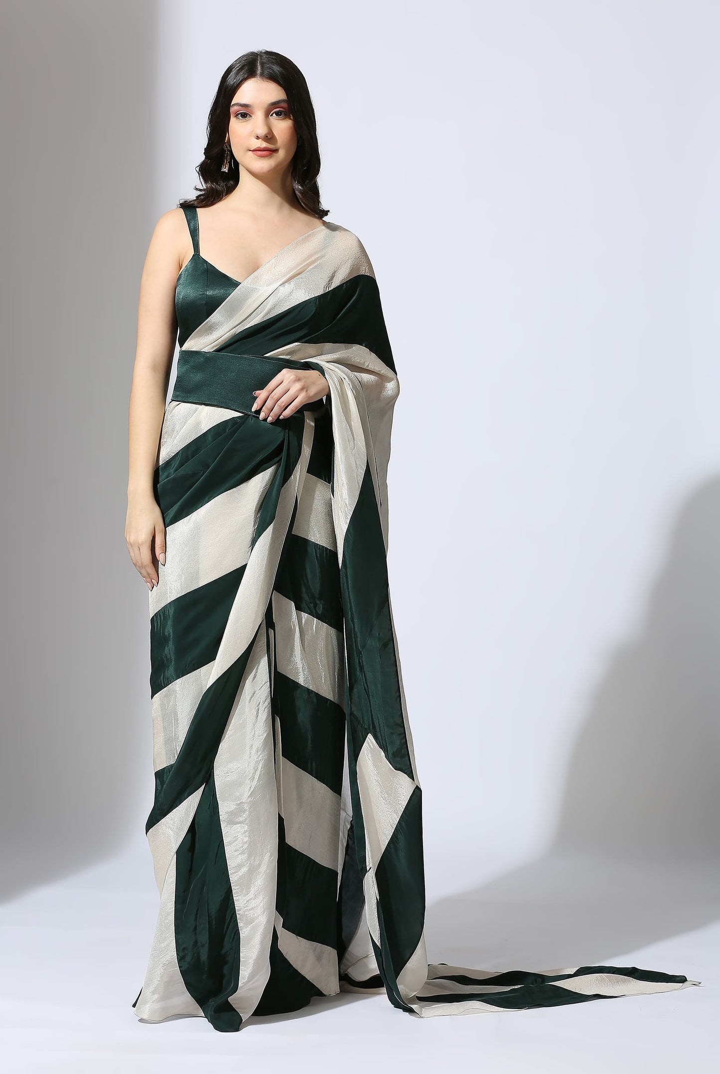 BOTTLE GREEN AND BEIGE SAREE SET