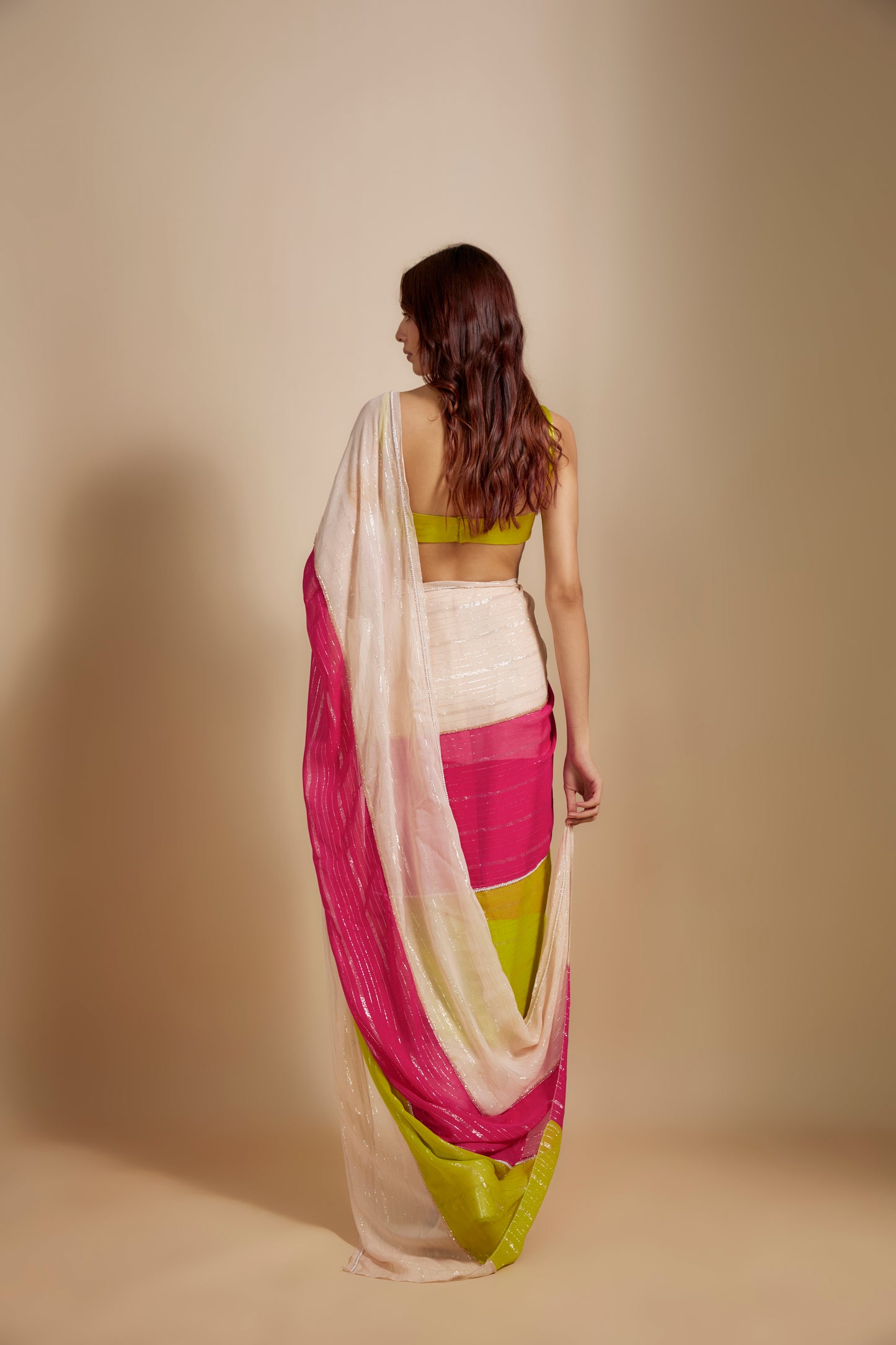 MULTI-COLOUR BLOCK SAREE WITH NEON GREEN BLOUSE