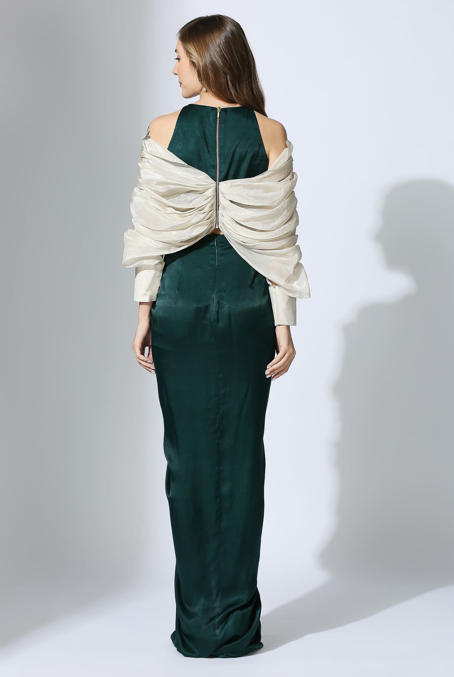 BOTTLE GREEN AND BEIGE SKIRT SET
