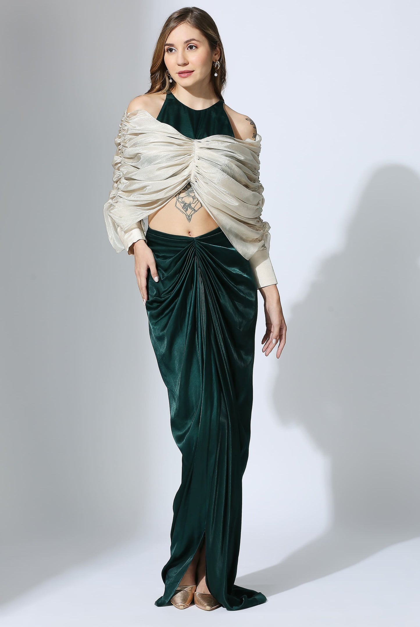 BOTTLE GREEN AND BEIGE SKIRT SET