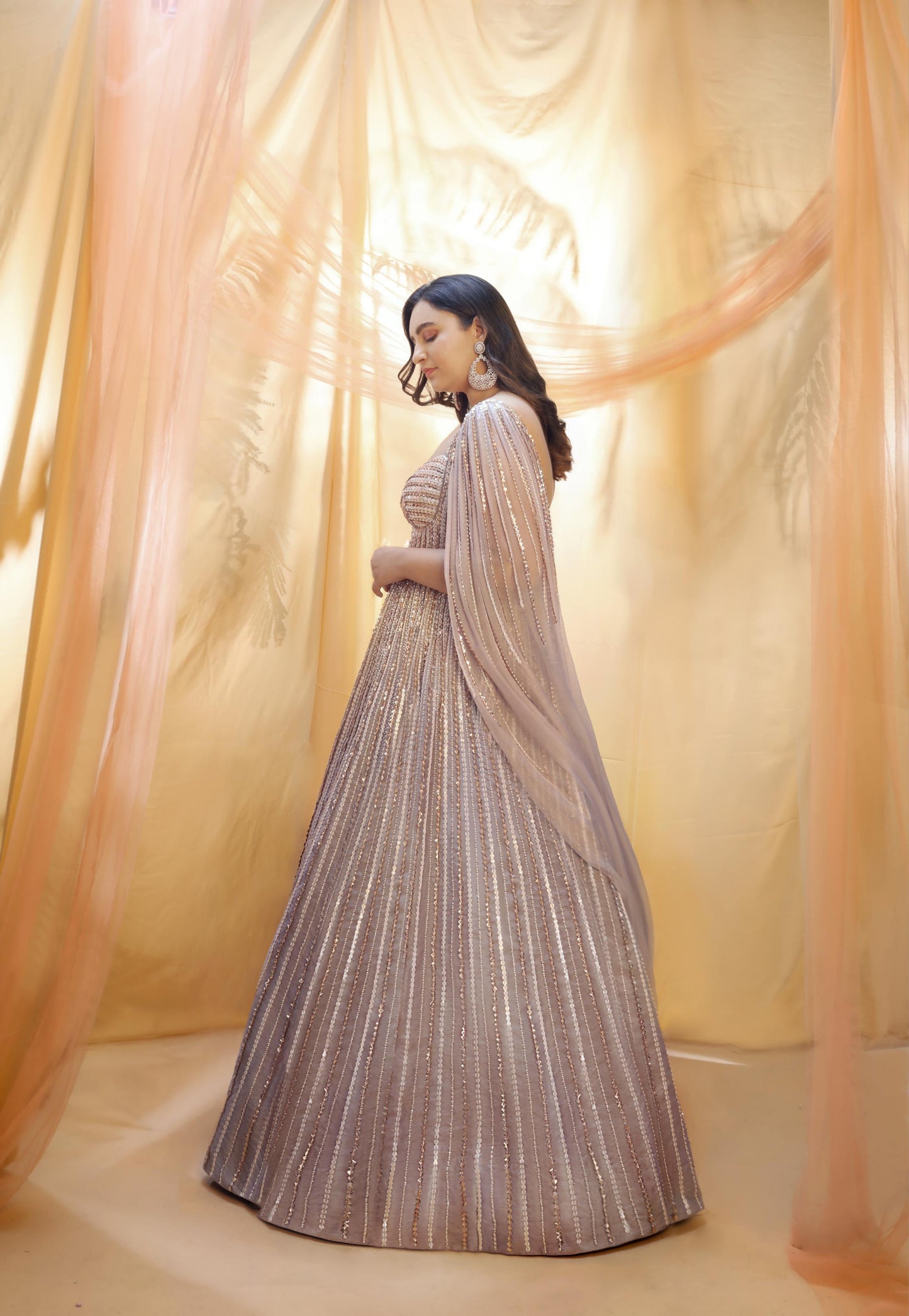 MAUVE LILAC HEAVY EMBRIDERED DRAPE GOWN