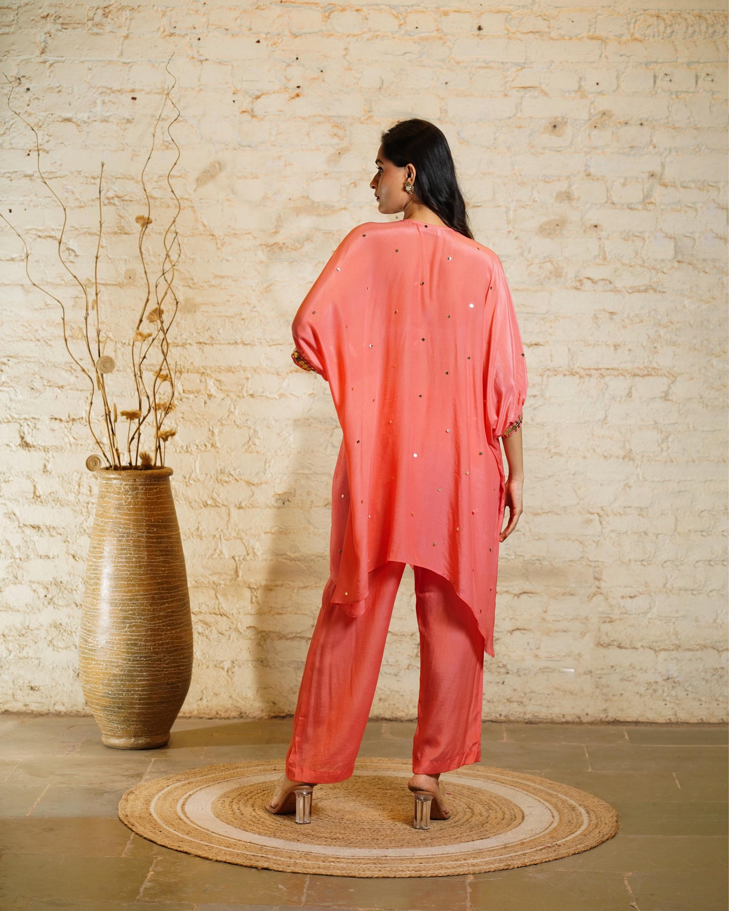 NEW TARANA SOLID CORAL KAFTAN & PANT