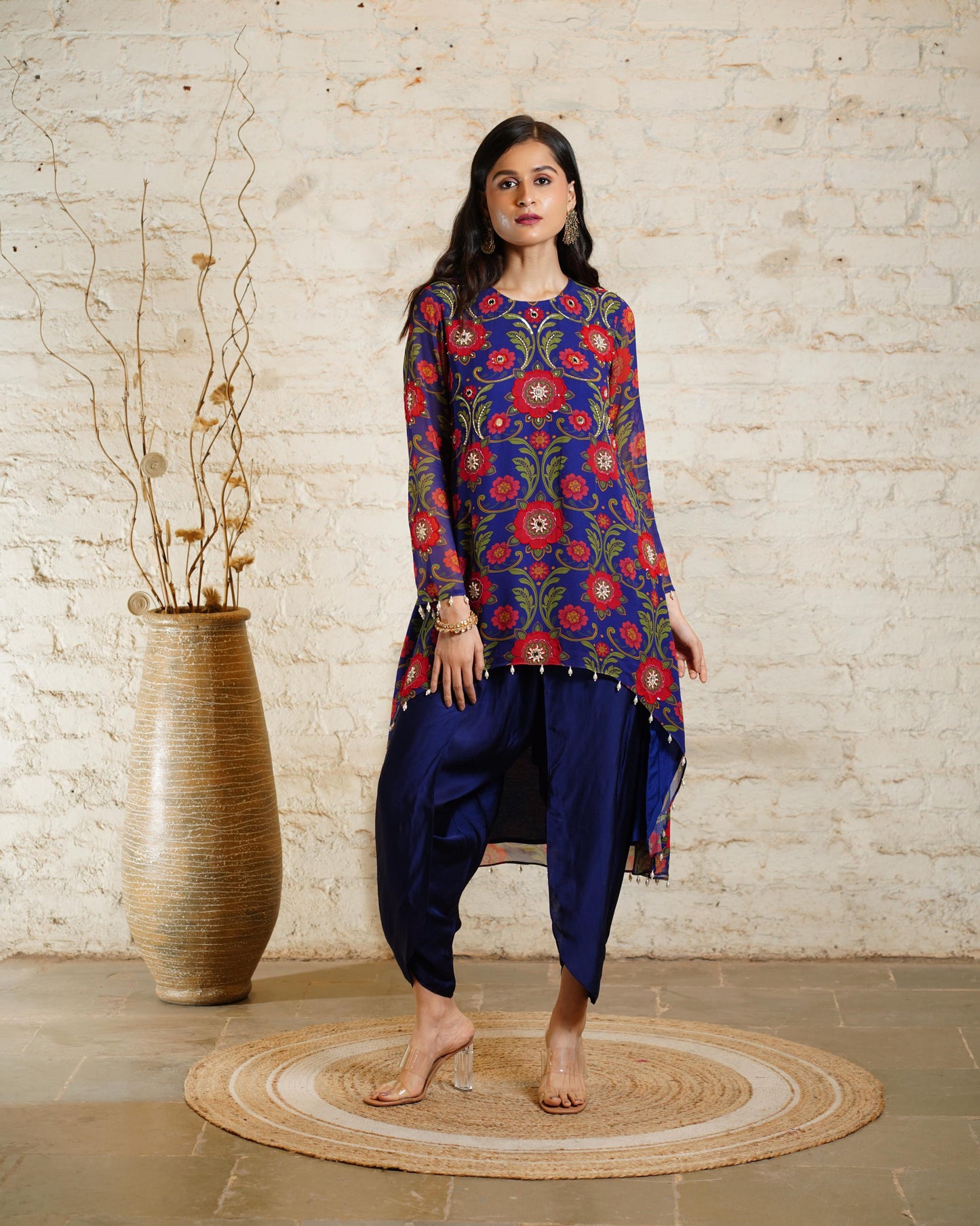 NUSRAT HIGH LOW BLUE TUNIC & DHOTI