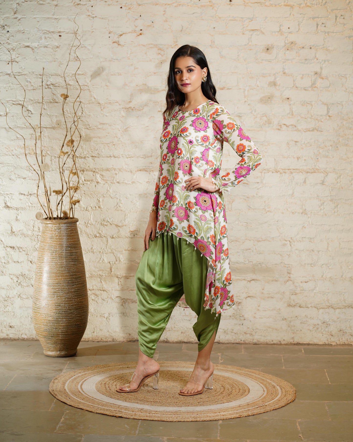 NUSRAT HIGH LOW IVORY TUNIC & DHOTI