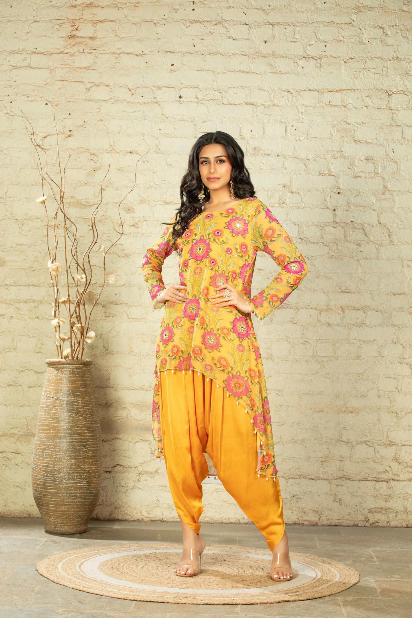NUSRAT HIGH LOW YELLOW TUNIC & DHOTI